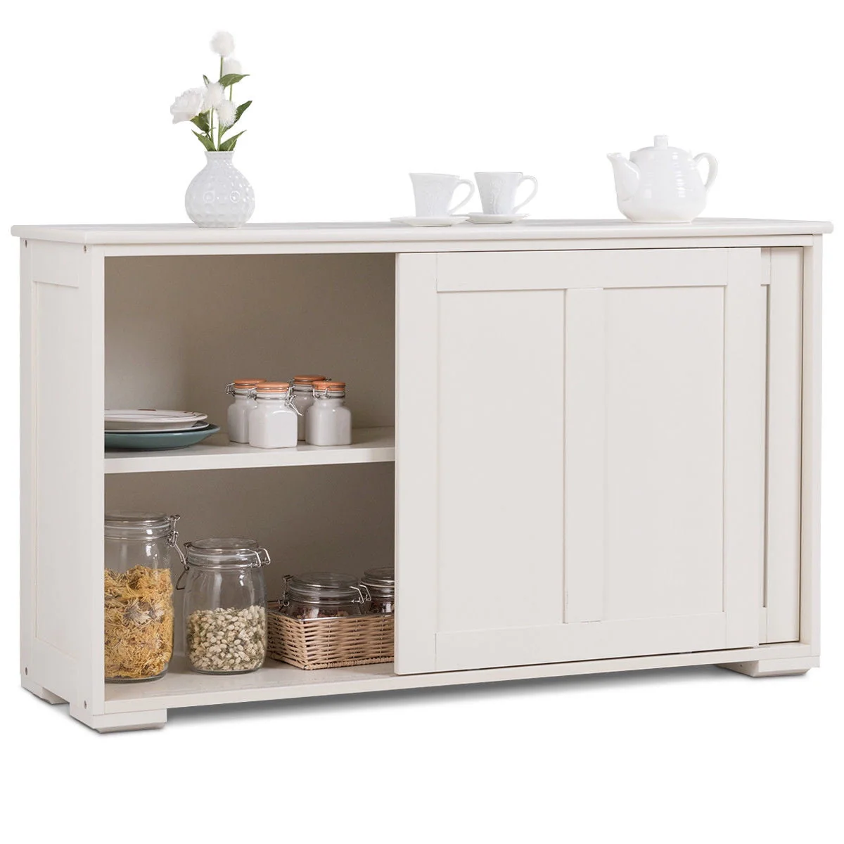 ea43ce0e7a62b911586821b2d0ab441e9ad1098adeb5f3b7d1894d3e41ea58dd.webp Costway Kitchen Storage Cabinet Sideboard Buffet Cupboard Wood Sliding Door Pantry Cream White - Image 1