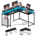 SUPERJARE L Shaped Desk with Outlets & USB Ports, Computer Desk with LED Light Strip, Corner Gaming Desk, L Office Desk, Monitor Stand, Hooks, and Storage Shelves, Black
