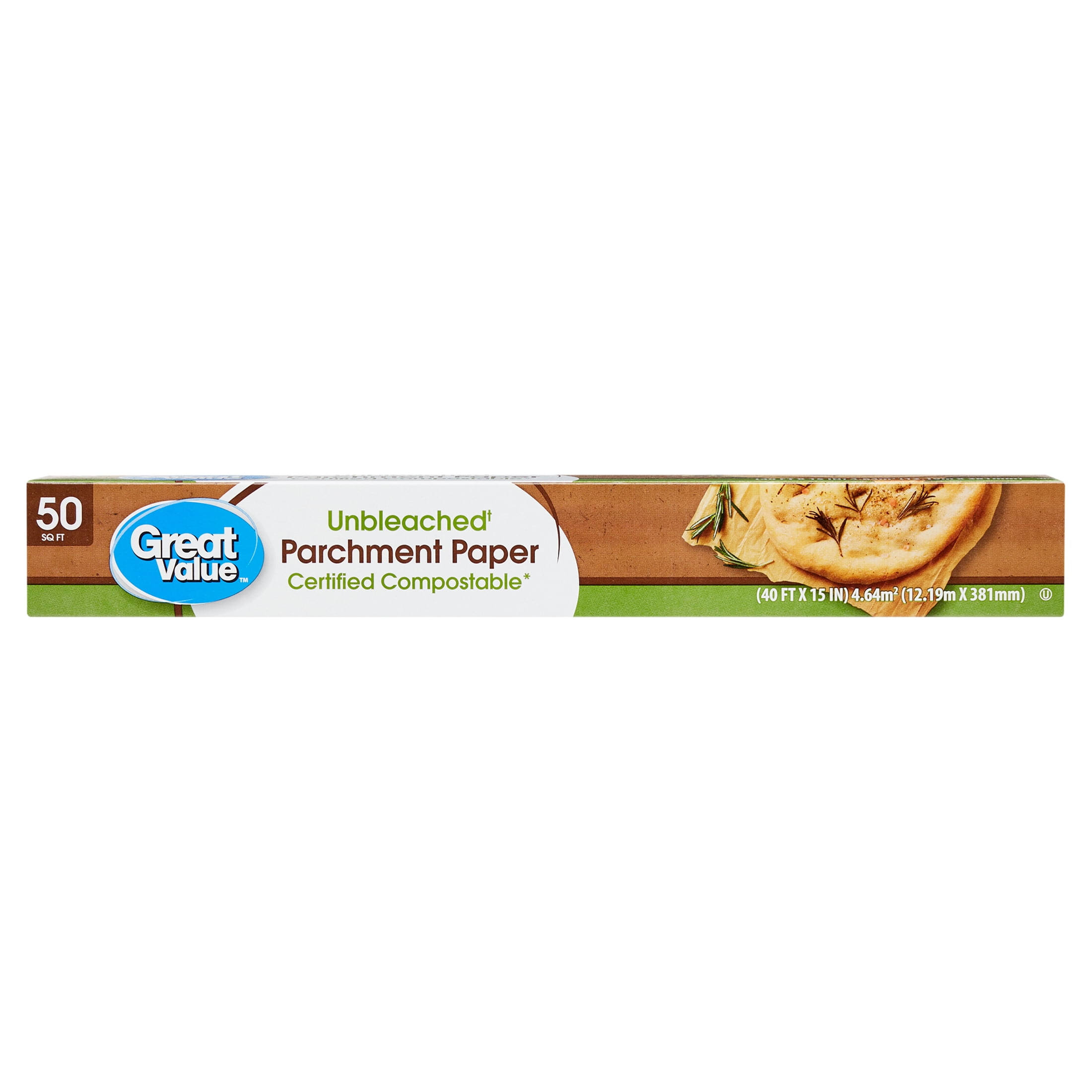eacbb7fc8e2e31aafca110023924befd957a0435bca52a6fc6effb0b02c083c5.jpg Great Value Unbleached Compostable Parchment Paper, 50 Sq ft - Image 1