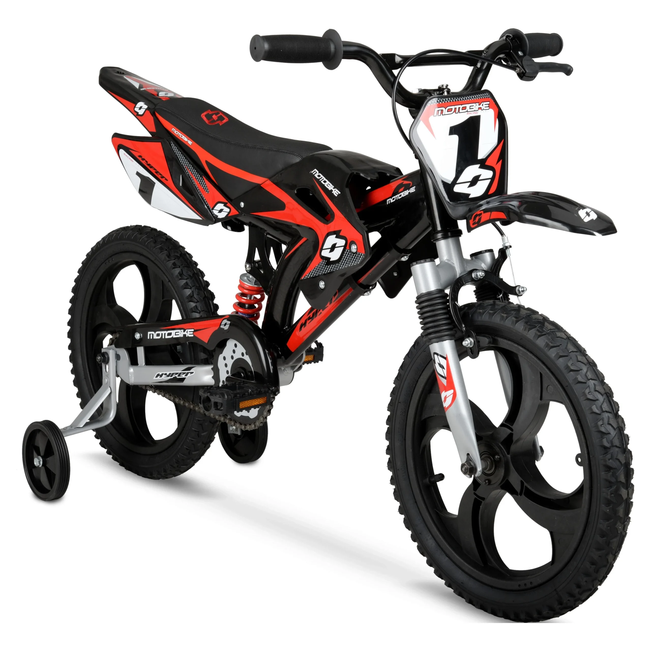 eace81ab28959d81a472ede268af6ec98792203a174445ffcc70f2ff04e9cef0.webp Hyper Bicycles 16" Kids Motobike with Mag Wheels, Including Training Wheels, Black/Red - Image 1
