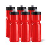50 Strong Red Sports Squeeze Water Bottles - Set of 6 - Team Pack 22 oz. BPA Free Bottle Easy Open Push/Pull Cap