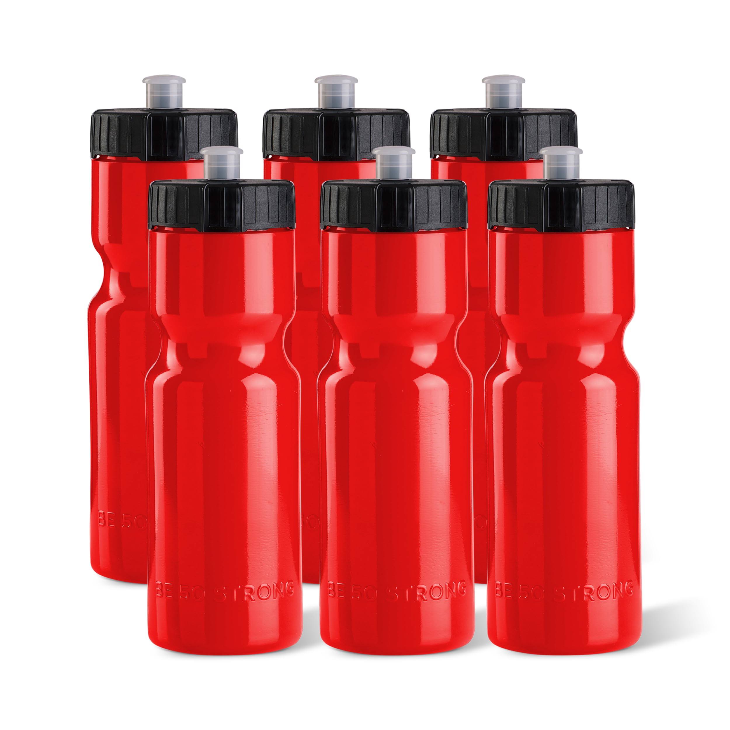 eb03c4a4fa4e364fe3355ce6e39a2bcbdf04bff4f081eb705befb0c8798f7d05.jpg 50 Strong Red Sports Squeeze Water Bottles - Set of 6 - Team Pack 22 oz. BPA Free Bottle Easy Open Push/Pull Cap - Image 1