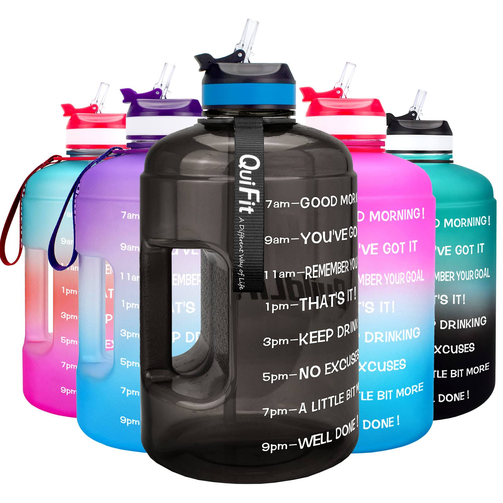 eb15a7bcefe180ffd2843064552e08acd3ccc2a9fed0702180349c6408b582e4.jpg QuiFit Motivational Gallon Water Bottle - with Straw & Time Marker BPA Free Large Reusable Sport Water Jug with Handle for Fitness Outdoor - Image 1