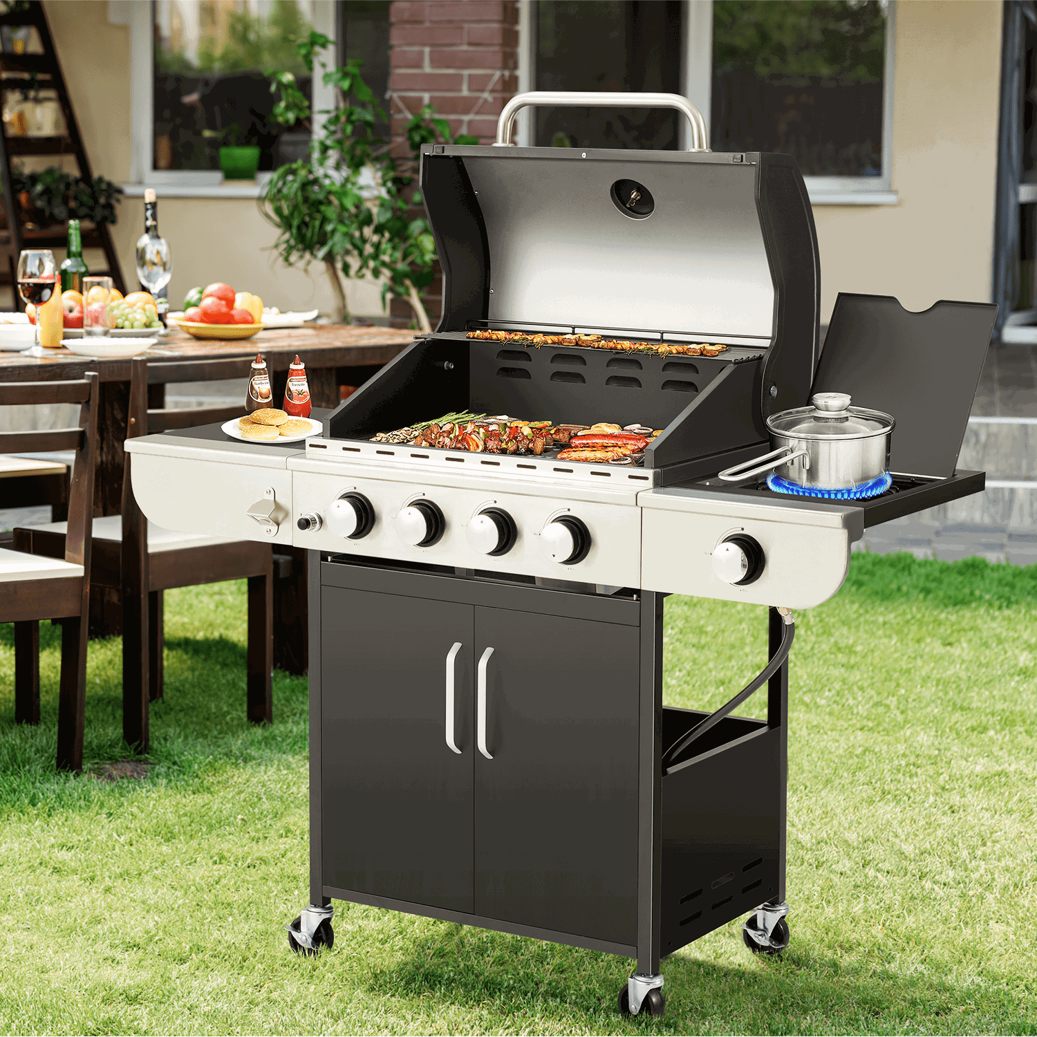 eb1894e425284e6ded9212f3778dda3c2378d687e1633971d13b8170536a7d89.png 4 Burner Gas Grill.36000 BTU BBQ Propane Stainless Steel with Side Table for Patio Garden - Image 1