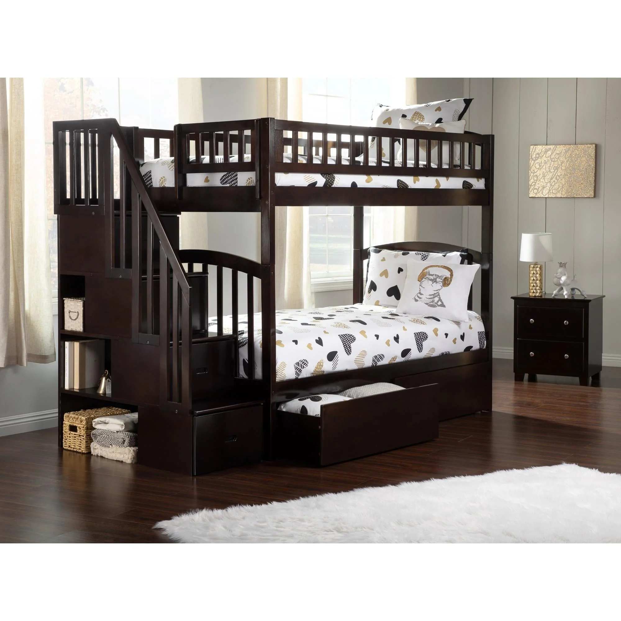 eb223f222bb0f3097f31cc28d6c3d47d3c42c56196e0dd5488b6b44775b82f15.webp Westbrook Staircase Bunk Twin Over Twin with 2 Urban Bed Drawers in Espresso - Image 1