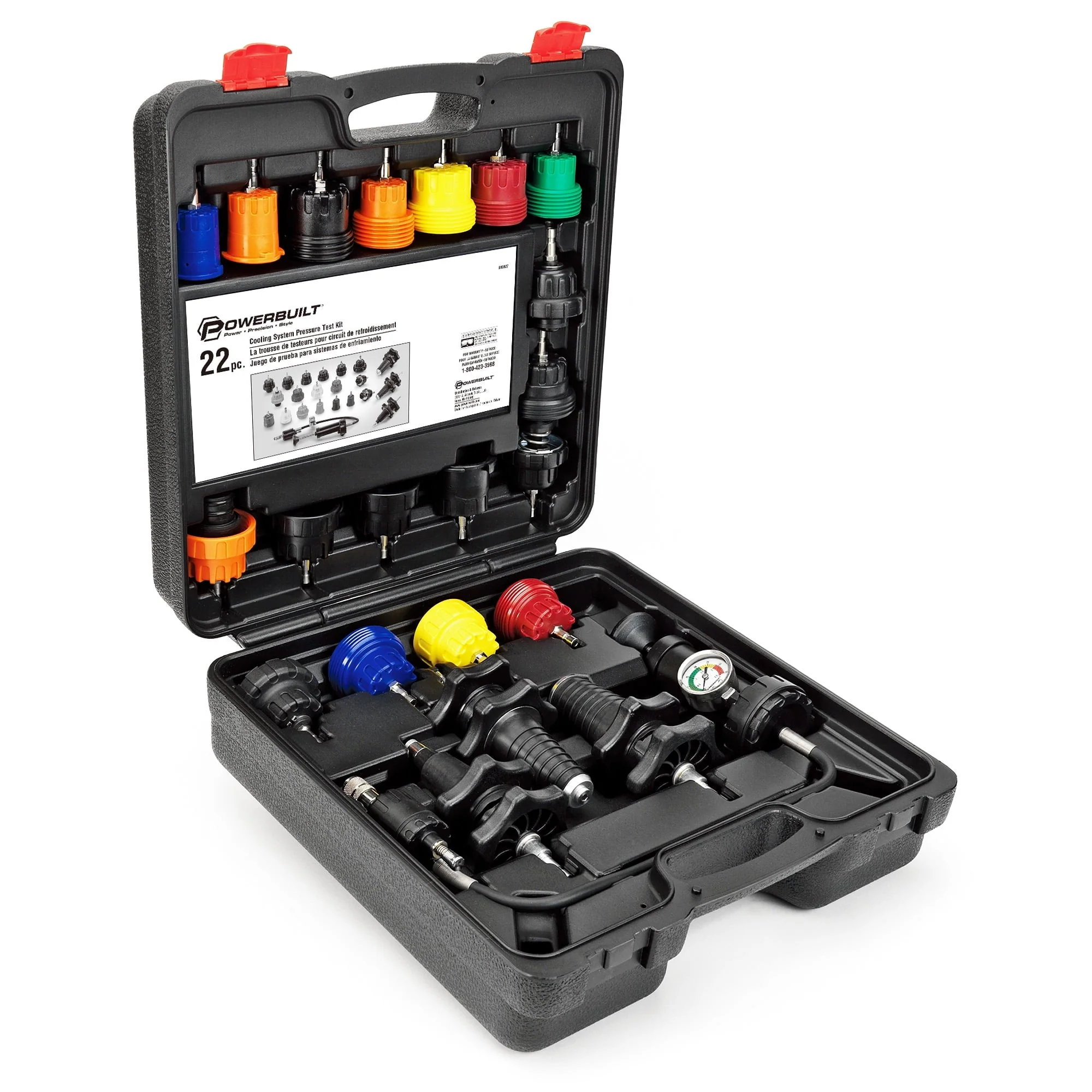 eba8bd73e0c84bdfdc24d435330eca6a6658078bc8b46e029536ece774eef306.webp Powerbuilt 22 Piece Cooling System Pressure Test Set - 940427 - Image 1