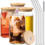 Drinking Glasses 4pc Set with Bamboo Lids & Straws - Can Shaped Glass Cups, Margarita Glasses, 16oz Iced Coffee Glasses, Iced Tea Glasses, Tumbler Cup