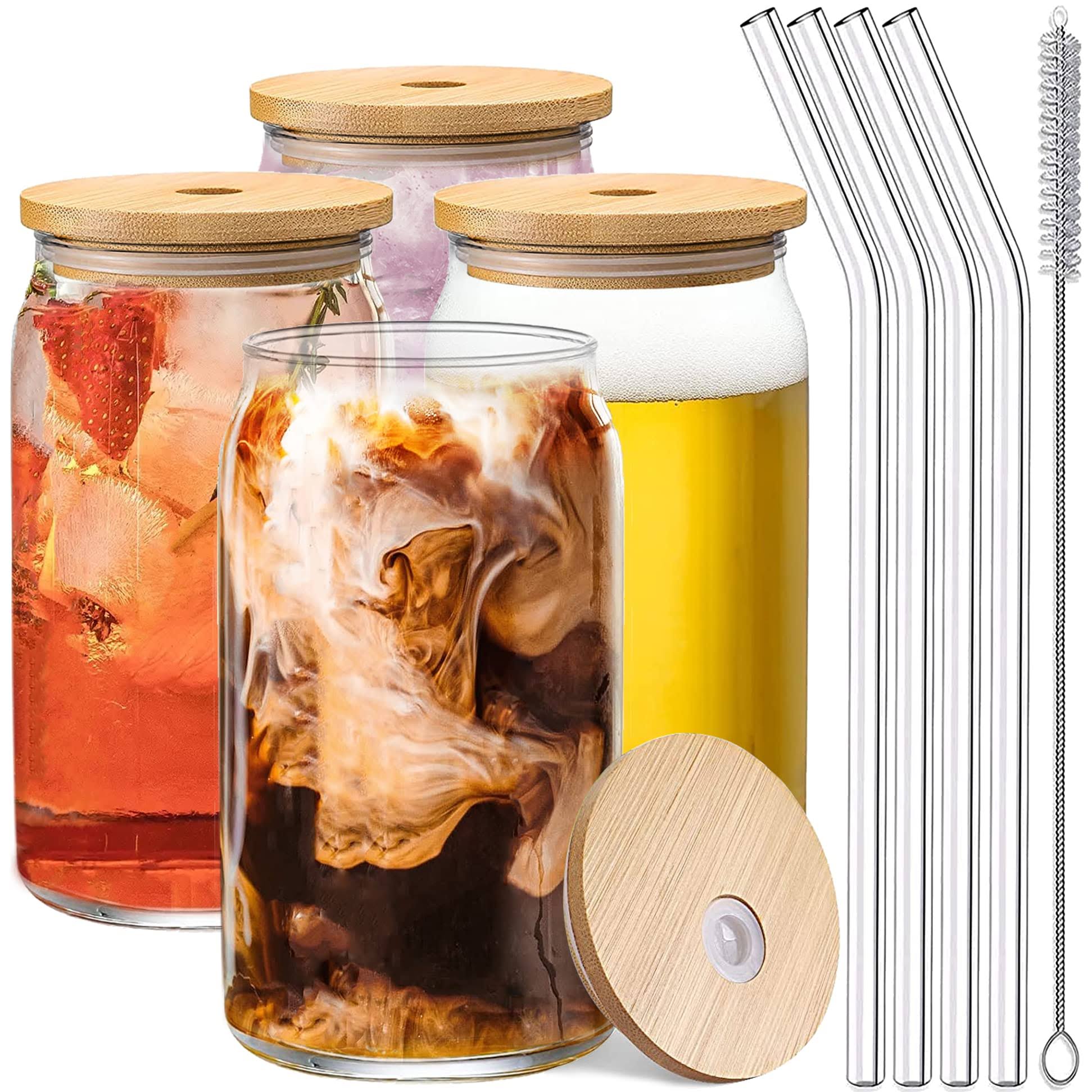ebb5173e0a3094a9b5e7ac35a3cc4ec76fc7fb9926bc8626ffe554e4c27ce6f8.jpg Drinking Glasses 4pc Set with Bamboo Lids & Straws - Can Shaped Glass Cups, Margarita Glasses, 16oz Iced Coffee Glasses, Iced Tea Glasses, Tumbler Cup - Image 1