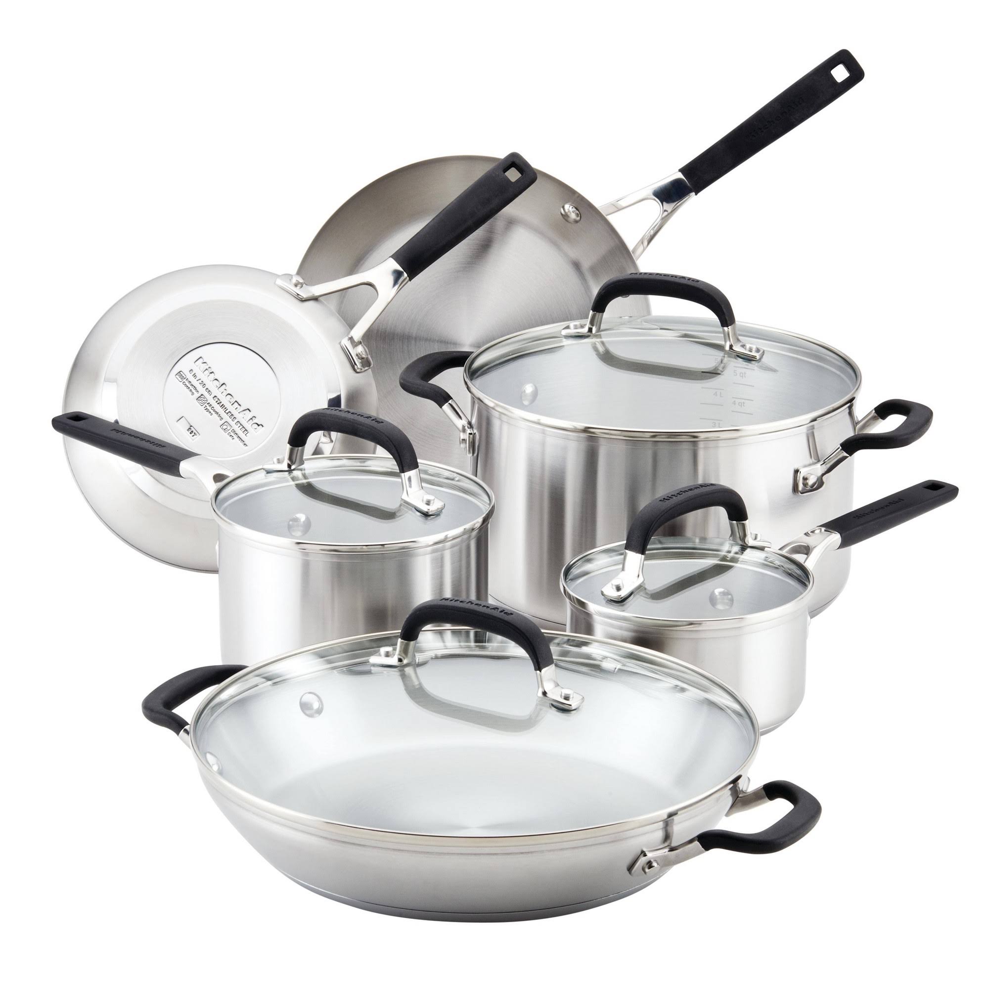 ebd11ed437407fc6c1a6ba53f9ce563dc1c2d6b53f3c0c13c557deea85c127c8.jpg KitchenAid Stainless Steel Cookware Induction Pots and Pans Set, 10-Piece, Brushed Stainless Steel - Image 1