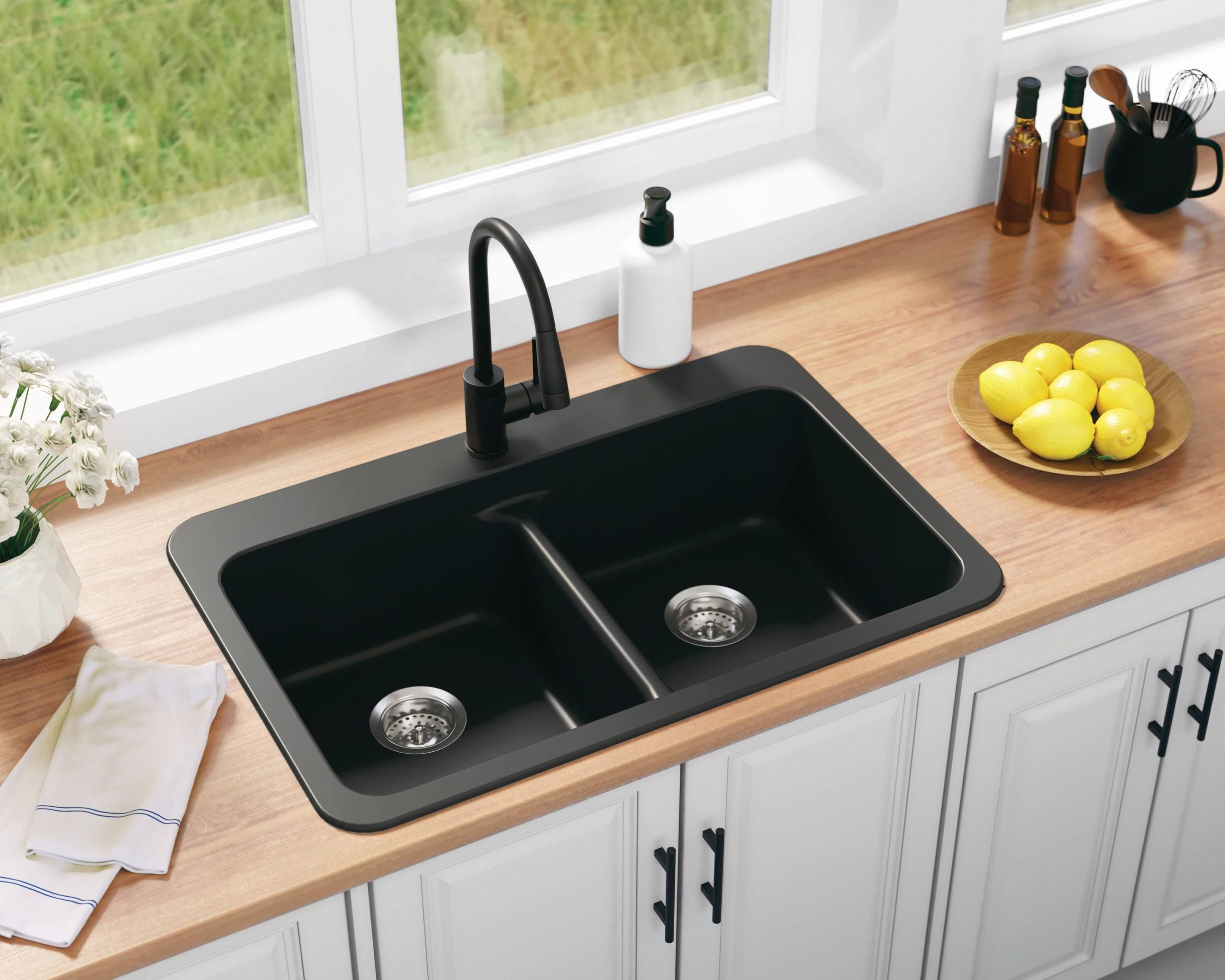 ebf747007abbc8022378166ba81038ddcb57f3ffe4841e58213f31e3bbdb5781.jpg Allen + Roth Kenji Dual-Mount 33-in x 22-in Nero Granite Double Equal Bowl 3-Hole Kitchen Sink in Black | CLTN200DM13 - Image 1