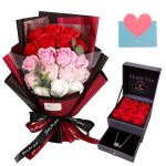 EIGHTOWN Roses Bouquet Fake Artificial Flower - Preserved Red Flowers with Love Necklace for Her - Unique Gifts Valentine's Day, Mother's Day,