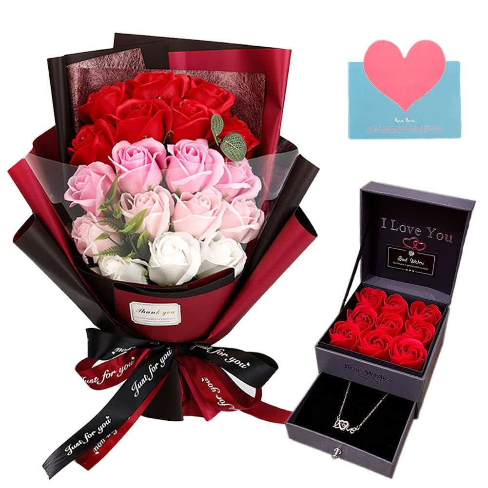 ec1b4282a484093c024830455df914a4db65307788e90e9c84521cc2ce8b5dac.jpg EIGHTOWN Roses Bouquet Fake Artificial Flower - Preserved Red Flowers with Love Necklace for Her - Unique Gifts Valentine's Day, Mother's Day, - Image 1