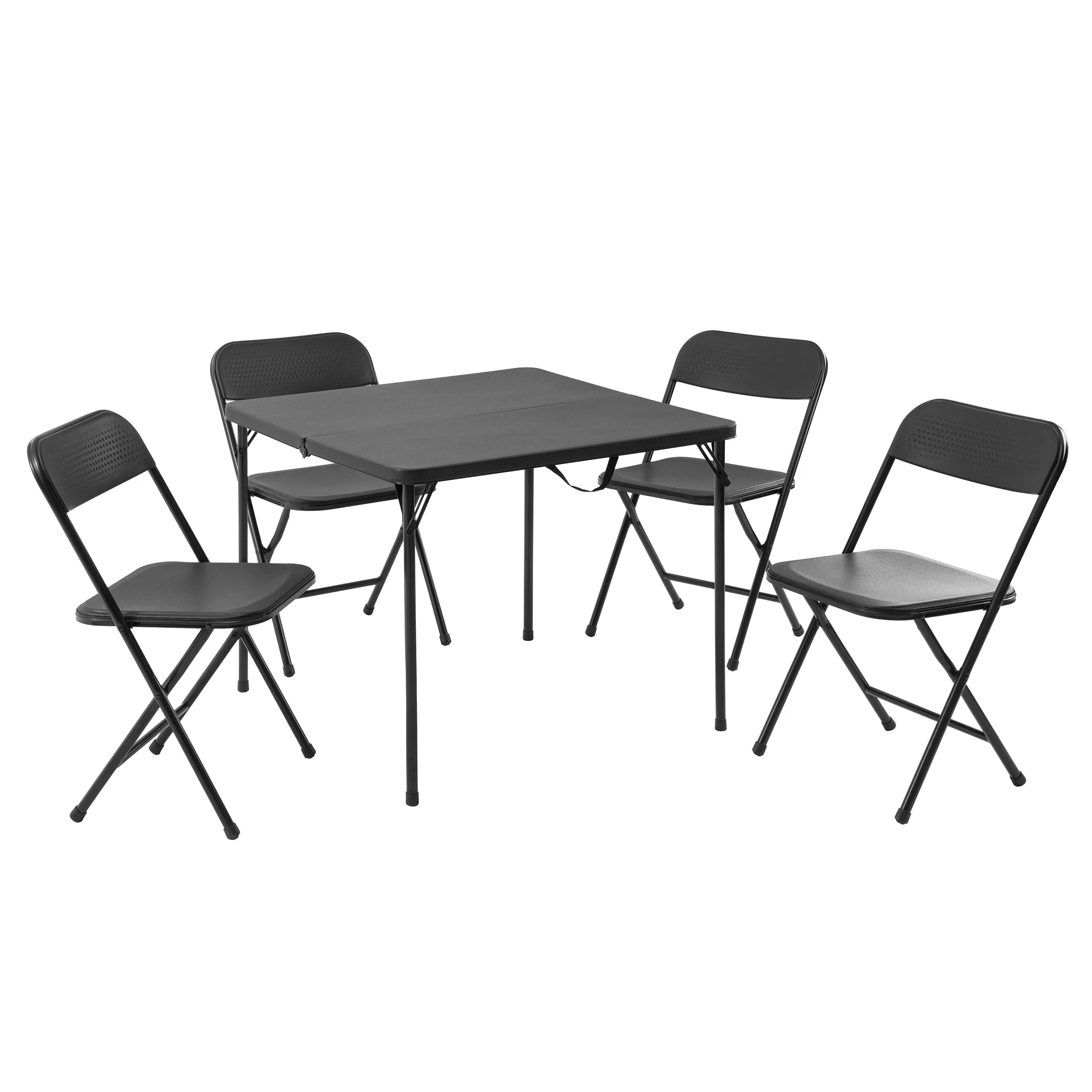 ec4a837f76d109ecbc8dd1eaba794b679bed3504841daf81c3029540364a6252.webp Mainstays 5 Piece Resin Card Folding Table and Four Folding Chairs Set, Black - Image 1
