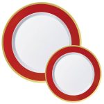 Round Premium Plastic Dinner (10.25in) Dessert (7.5in) Plates with Red