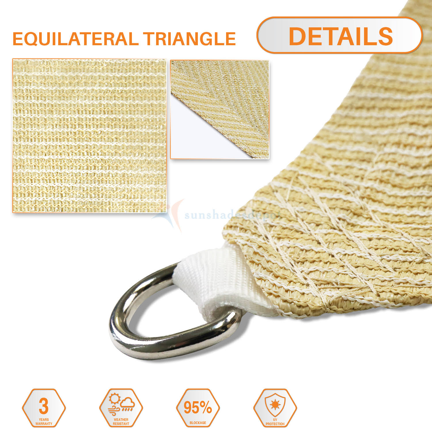 ec69be02b5088e81e688281e45c696e2ed005c835e2ffea764c732b606ccb44c.jpg Sunshades Depot 6 x 6 x 6 Tan Beige Sun Shade Sail 180 GSM HDPE Equilateral Triangle Permeable Canopy Custom Size Available Commercial Standard - Image 1