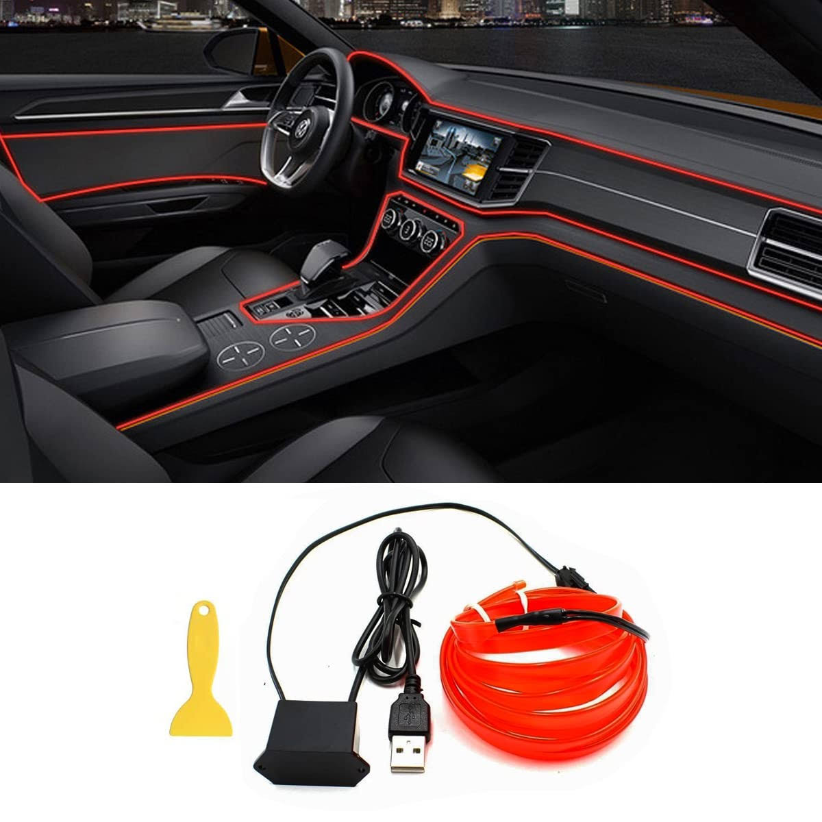 ec6c349c5446e64894b974685dc18f888791c60350aaa3fc2bd4c8c4b4d18a8b.jpg El Wire Interior Car LED Strip Lights, QVEVDACAR USB Neon Glowing Strobing Electroluminescent Wire Lights with 6mm Sewing Edge, Ambient Lighting Kits - Image 1