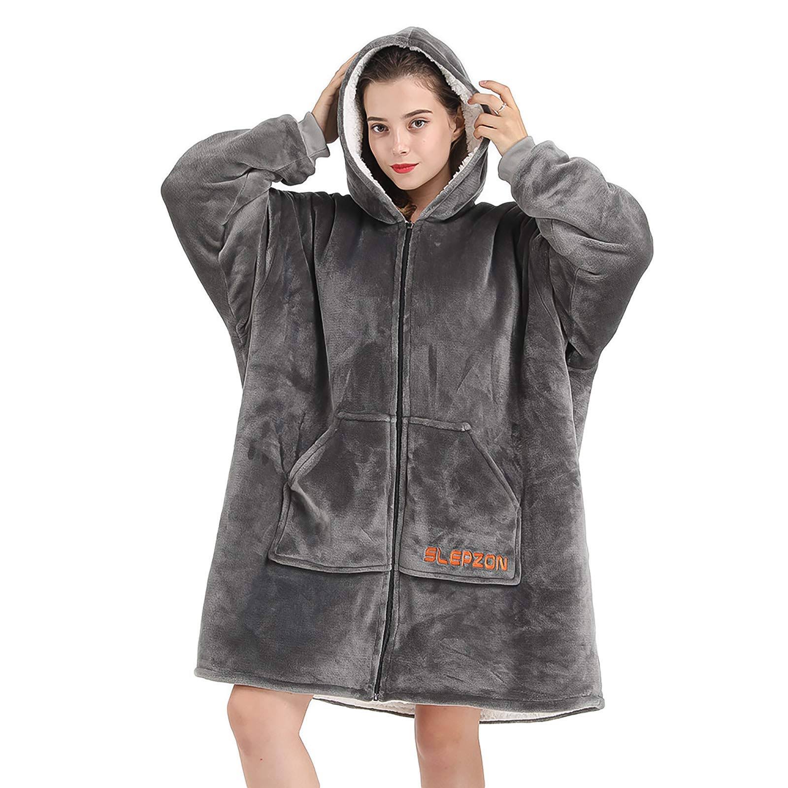 ed0a3a66fb0a05aaefc822f21835a38c49571003425a72c2f77e076b02bddbee.jpg Slepzon Blanket Hoodie | Oversized Wearable Blanket - Deep Pockets Comfy Sleeves Front Zipper - Deluxe Fleece Sweatshirt Blanket - Grey - Image 1
