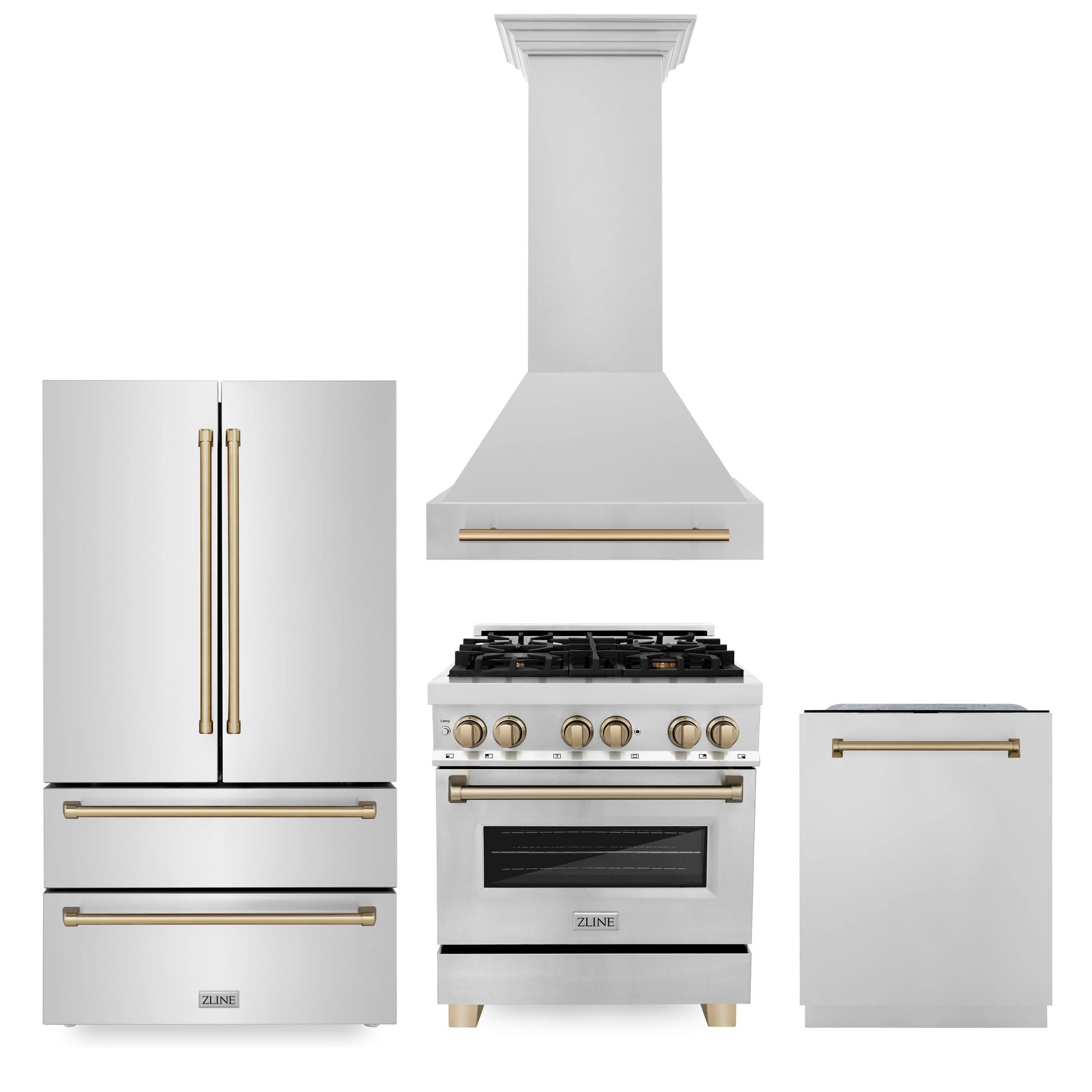 ed11079ea7cb75b74cf3fe7f80ad7a1cd0816c1407b9650e1d1c054f6aaeb7ec.jpg ZLINE 30" Autograph Edition Kitchen Package with Stainless Steel Dual Fuel Range, Range Hood, Dishwasher and Refrigeration with Champagne Bronze - Image 1