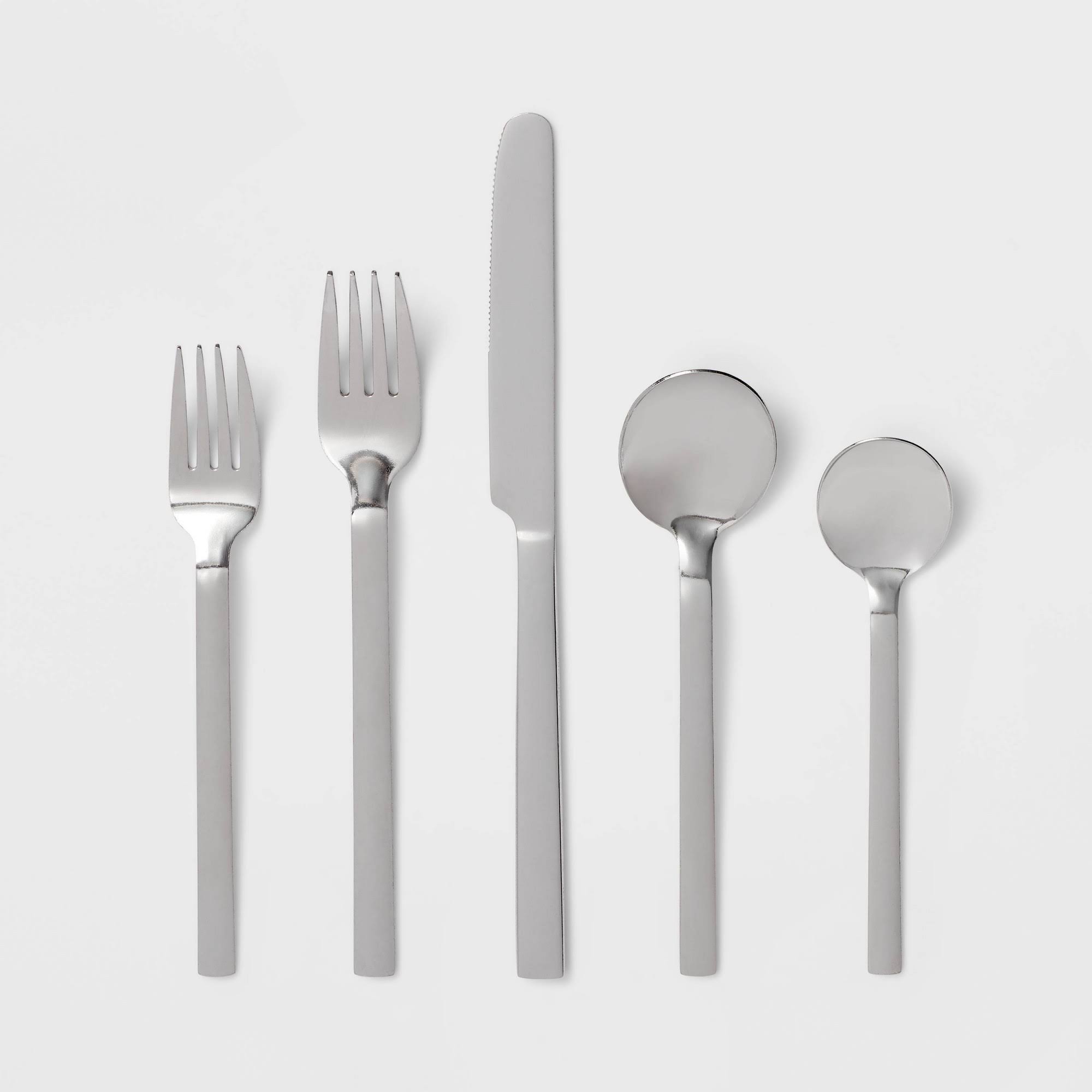 ed5fca806bb6b282bd0b83722a7c6c5175a8ca7eeec0eb06336e6ba4b55d0645.jpg 20pc Squared Straight Flatware Set Stainless Steel - Room Essentials - Image 1