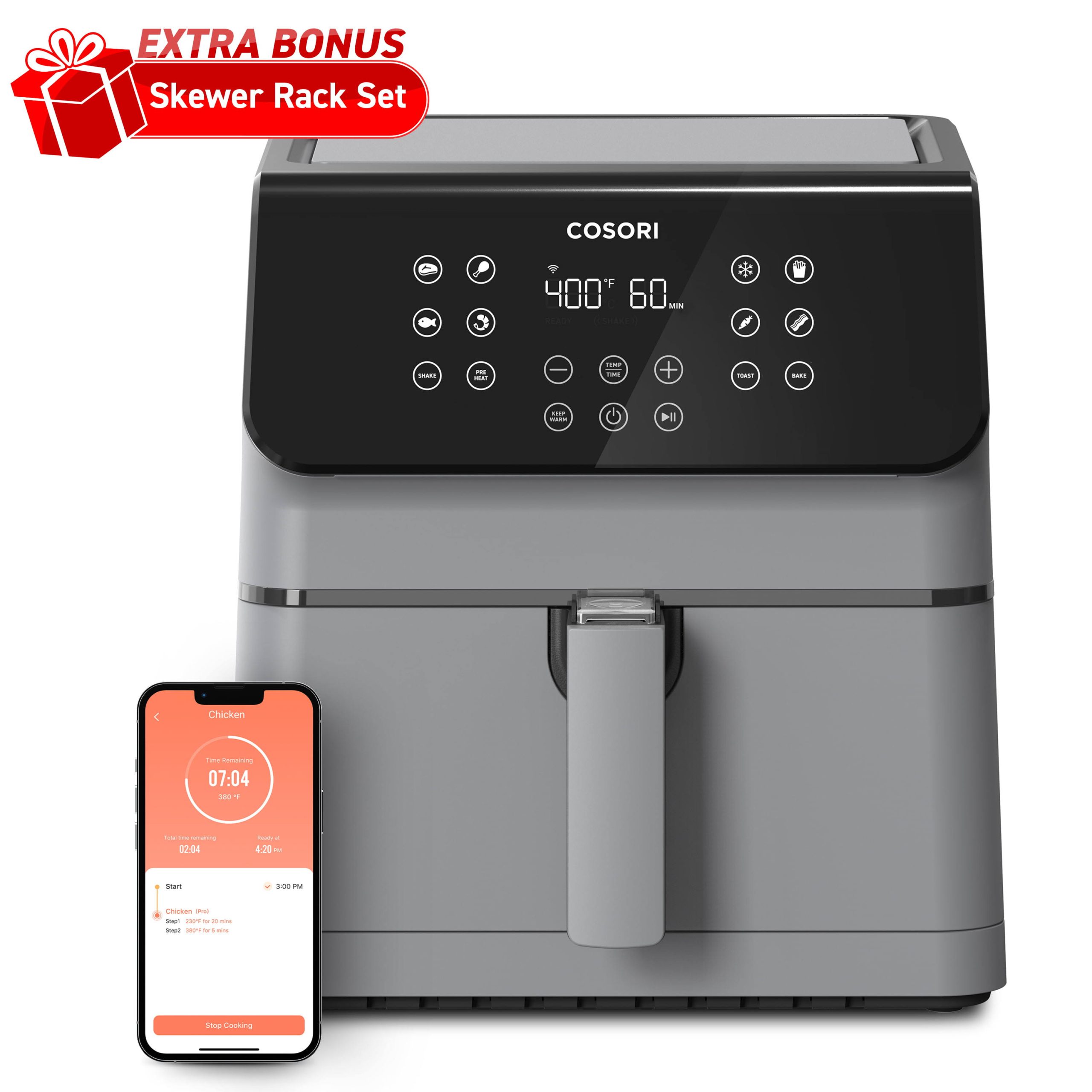 ed7fc31d447dc2ef14aa75eba6efb740c669fff8878d45641920ab9b447249b3.jpg Cosori Pro II 5.8-Quart Smart Air Fryer, 12-in-1, Walmart Exclusive Bonus, Voice Control, Light Gray - Image 1