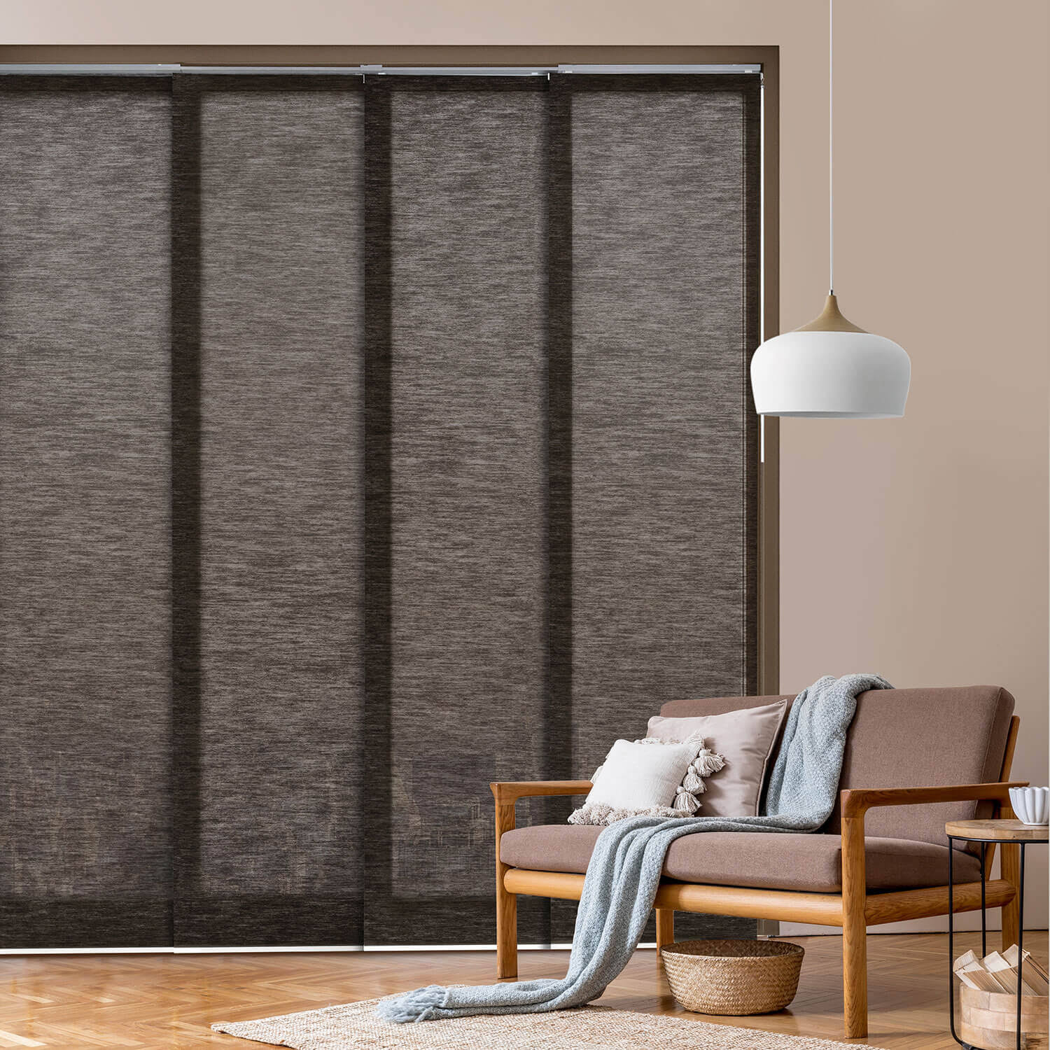 ed8966a4a9749faca3e9b10891d3ecc091307d7e1a53c736bab978a4c5073337.jpg GoDear Design Adjustable Sliding Panel Track Blind 45.8 inch- 86 inch W x 96 inch H, Vertical Blinds, Pu'er Tea, Size: 45.8-86 W x 96 H, Brown - Image 1