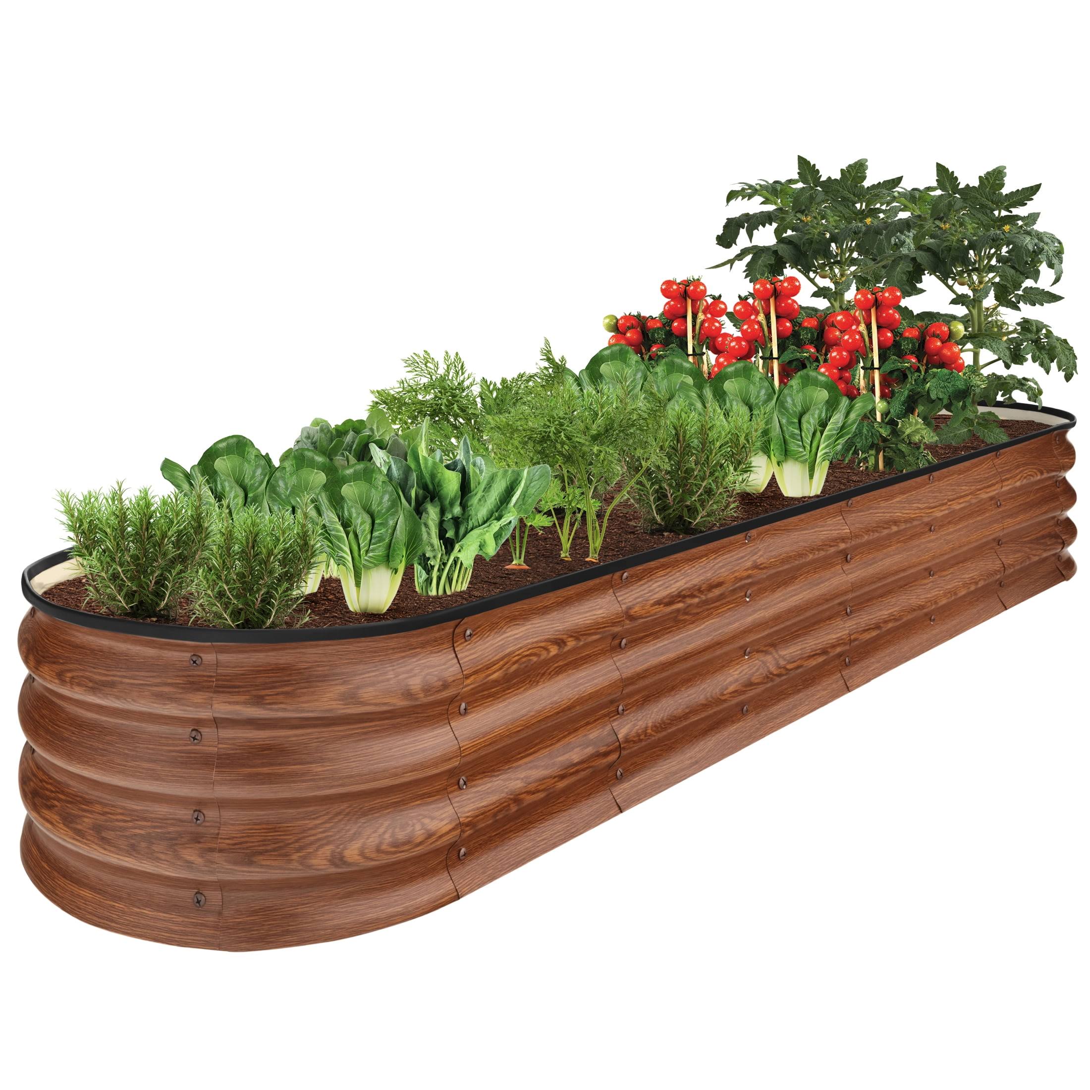 edb3ac5ebaeb16c6a9b92e1b3381fa046ce7c8975e7cf306a5a2d458a32cc986.jpg Best Choice Products 8x2x1ft Outdoor Metal Raised Oval Garden Bed, Planter Box for Vegetables, Flowers - Wood Grain - Image 1