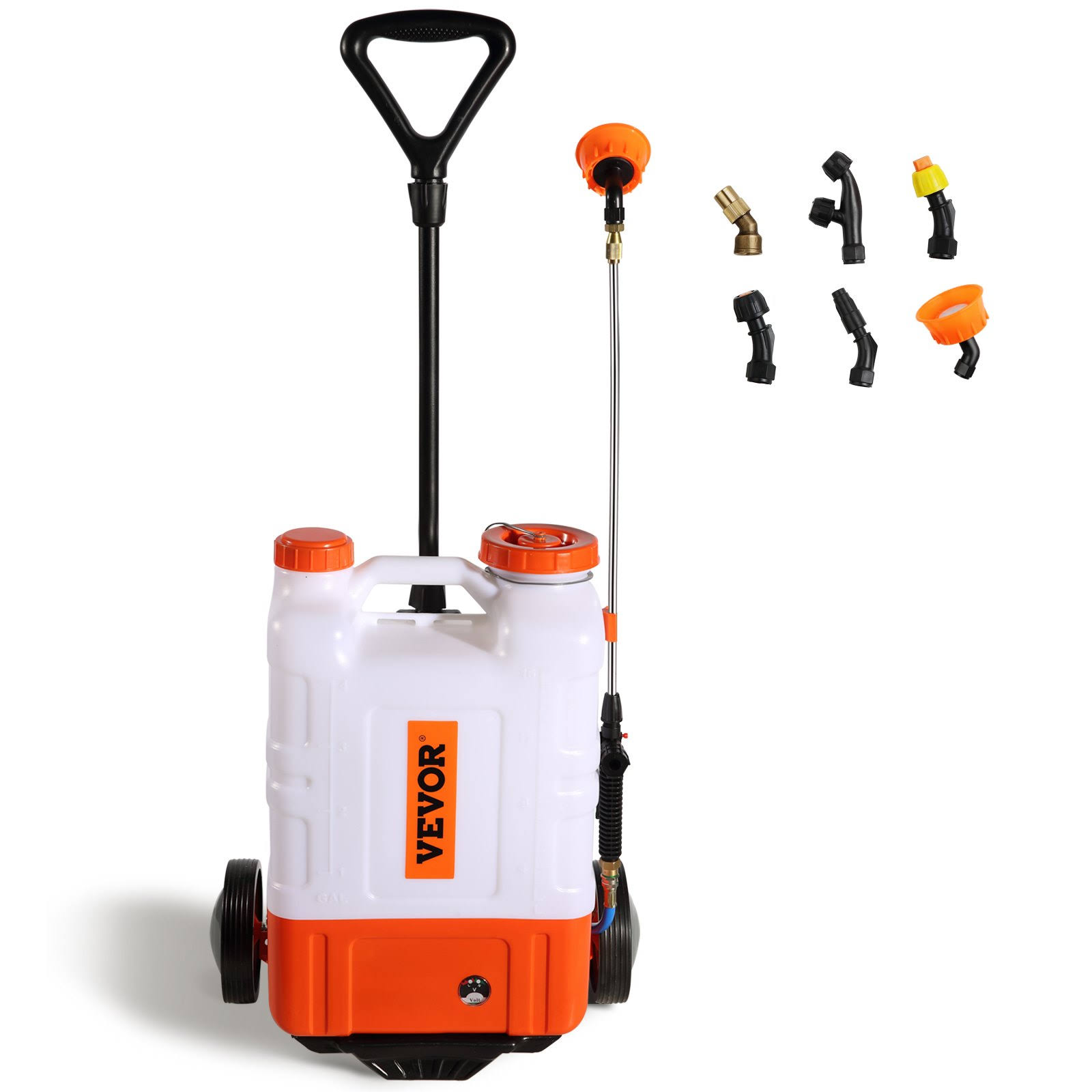 edd07cd311c9e137e4f82095dfc5cbd779dd814eac25c3e8d748d02d7899919c.jpg VEVOR Battery Powered Backpack Sprayer with Cart, 0-94 PSI Adjustable Pressure, 4 Gallon Tank On Wheels, with 8 Nozzles and 2 - Image 1