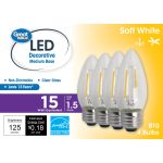 Great Value LED Light Bulb, 1.5 Watts (15w Equivalent) B10 Deco Lamp E26 Medium Base, Non-Dimmable, Soft White, 4-Pack