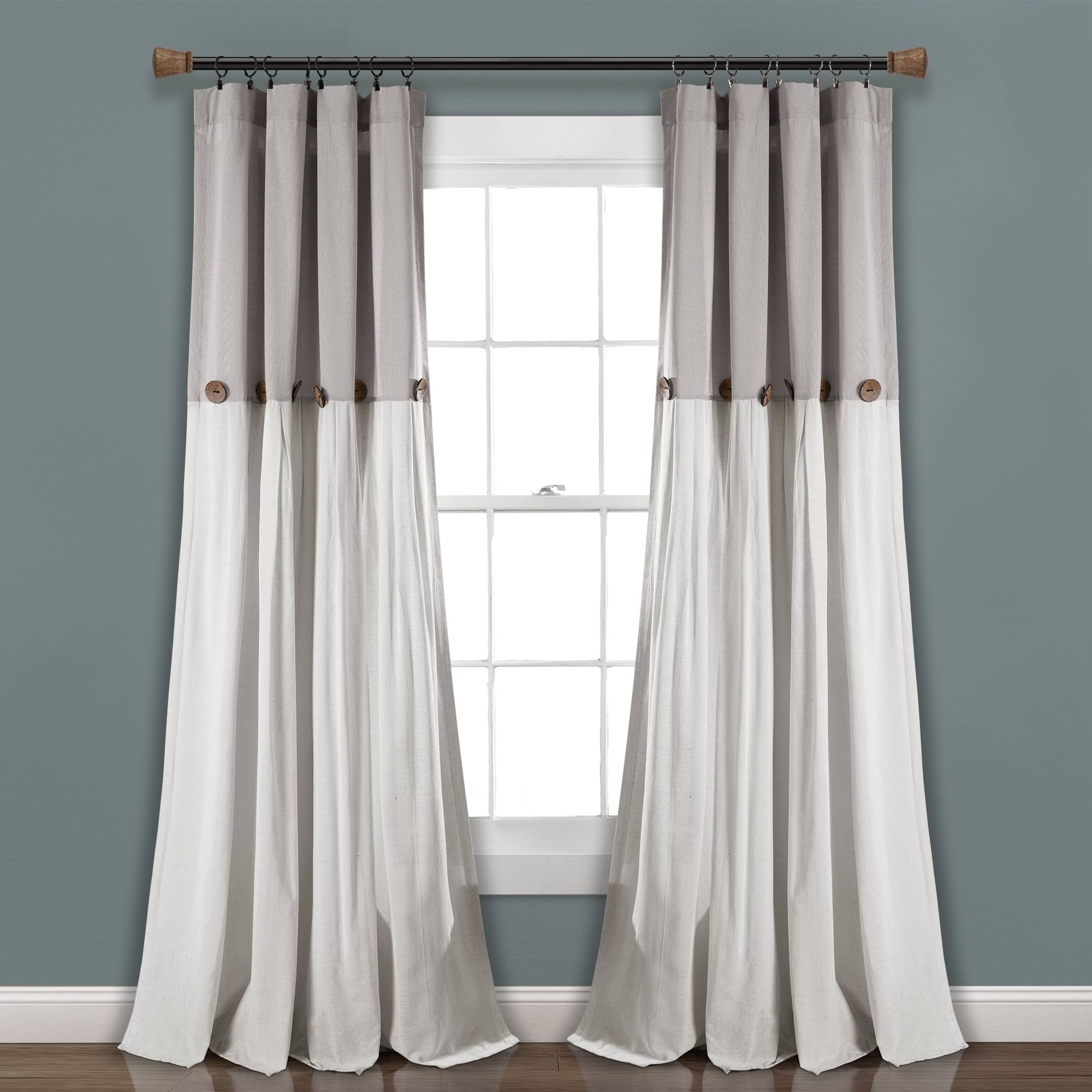 ee6bc32926ba667492624c7cde927e0966c6cc2f43c16d5b68ff29e583349fdc.jpg Lush Decor Linen Button Window Curtain Panel - 84", Single, Gray/White - Image 1