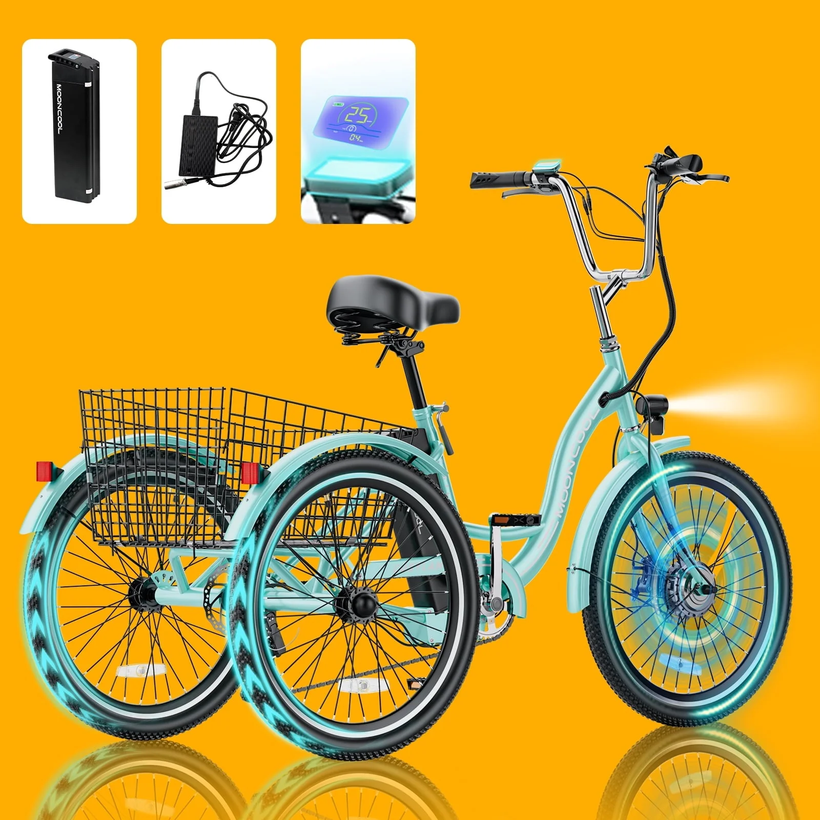 ABORON 350W Electric Trike, 7 Speed 24"/26" Motorized 3 Wheel Electric Tricycle for Adults with 36V 10ah Lithium Battery UL Certified, Rear Basket