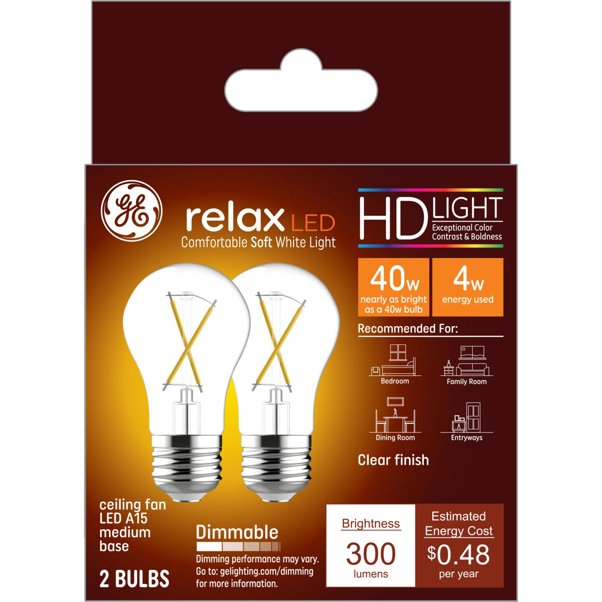 ee77debeb914fbd2859786293f9e2305c7ec8b666eb326c6995cbf35ce6cab67.jpg Ge Relax Light Bulbs, LED, Ceiling Fan, Soft White, 40 Watts - 2 light bulbs - Image 1