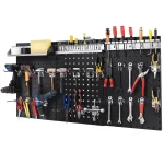 3 Pcs Metal Pegboard Panels w/25 Hooks, Storage Platform & Square Hole, Heavy Duty Pegboard Wall Organizer, Peg Board for Workshop Tool Storage