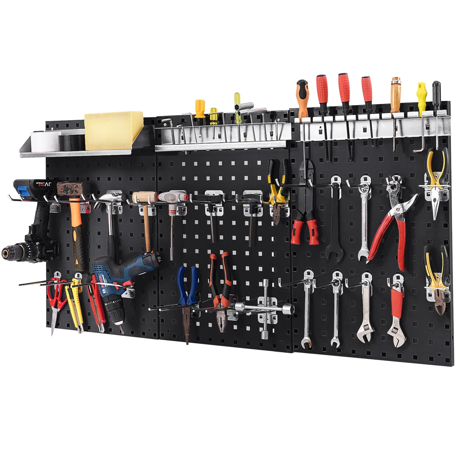 eeb564acbabeb03a542c4b35a954834ee8b90f322b6e4d1c1825965232cac25c.webp 3 Pcs Metal Pegboard Panels w/25 Hooks, Storage Platform & Square Hole, Heavy Duty Pegboard Wall Organizer, Peg Board for Workshop Tool Storage - Image 1