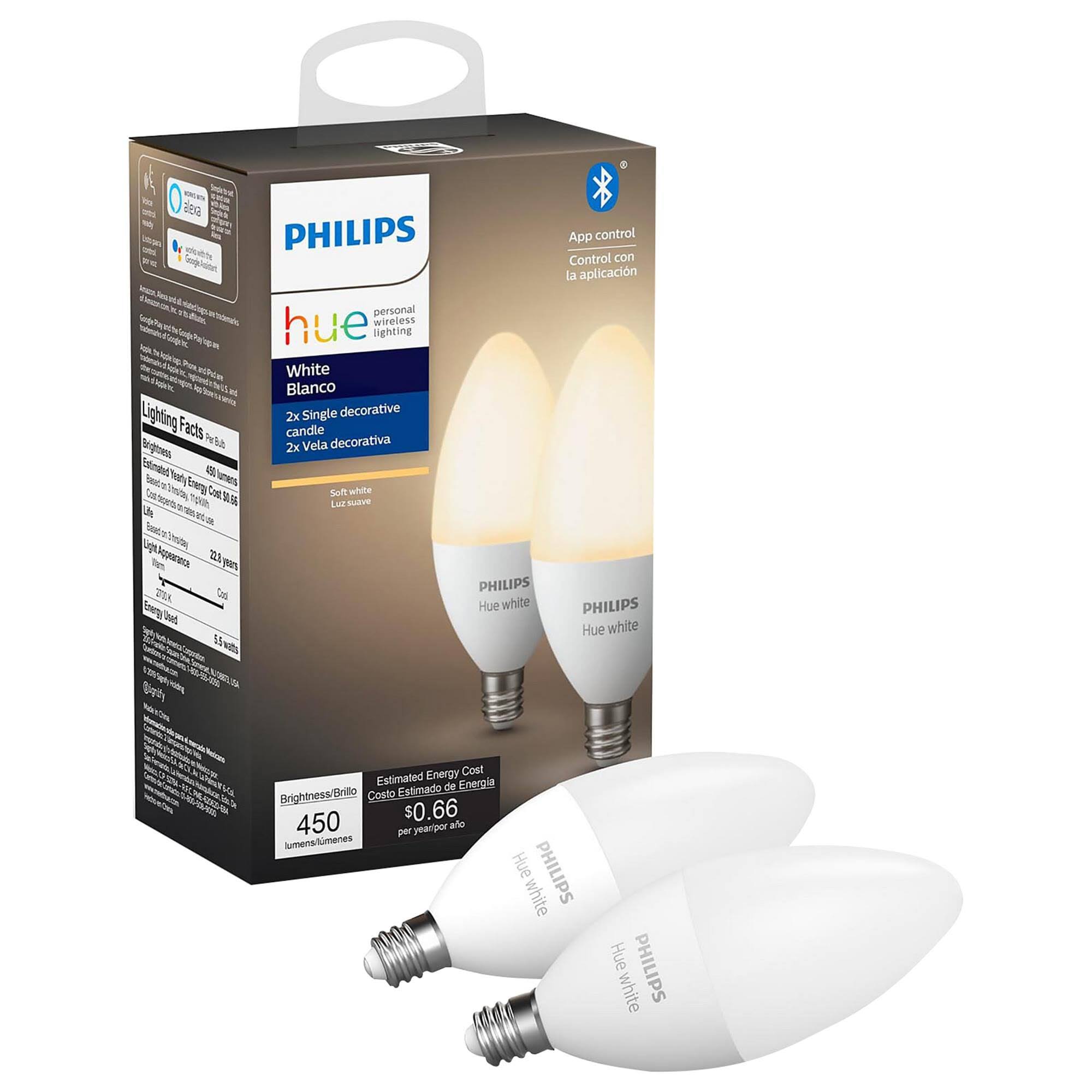 eeced3b9614cbe1a49051414f0a5f32c5a607f81da422cb36bbbdfb6f69b4e09.jpg Philips - Hue E12 Bluetooth 40W Smart LED Bulb (2-Pack) - White - Image 1