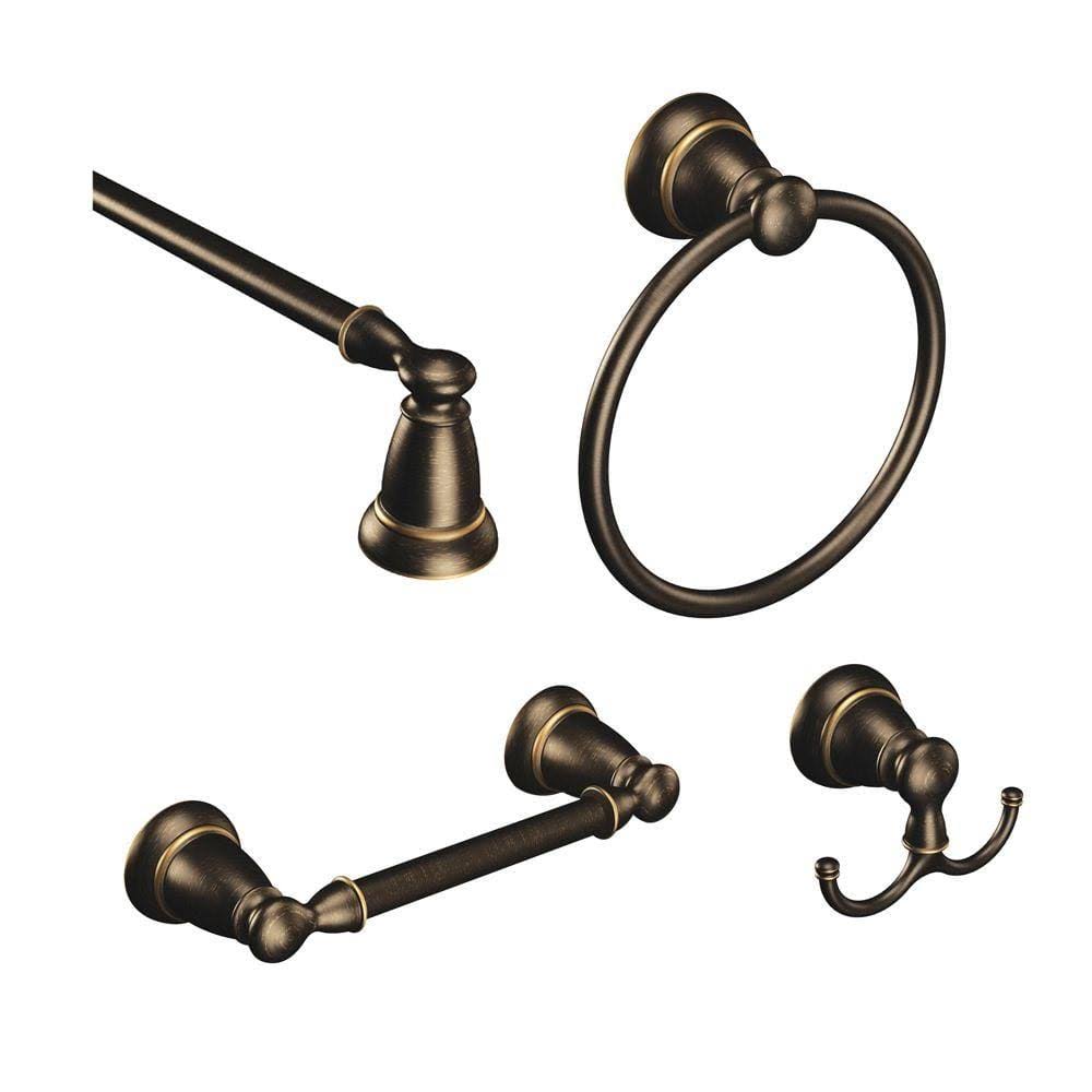 ef455c86b1537664d09c8a85f21779a38d0606c3914d3a489442751d74eae339.jpg Moen Banbury 4-Piece Bath Hardware Set with 24 in. Towel Bar, Paper Holder, Towel Ring and Robe Hook in Mediterranean Bronze BanburyBRB4PC24 - Image 1