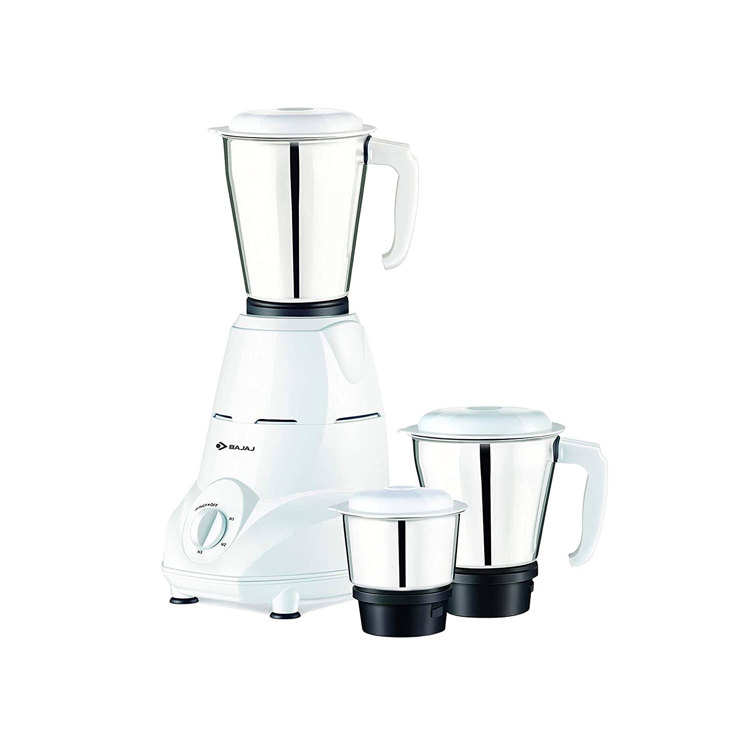 ef4c88f466bab187a6a2876f56db832d781034a25ad1ccf6a2348f0e08d4021b.jpg Bajaj Rex 500W Mixer Grinder with Nutri-Pro Feature, 3 Jars, White - Image 1