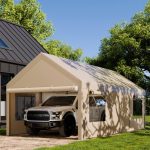 Walsunny Carport 12x18.5 ft Heavy Duty Car Canopy with Roll-Up Windows Portable Garage with Removable Sidewalls & Doors(10�G20 ft/Khaki)