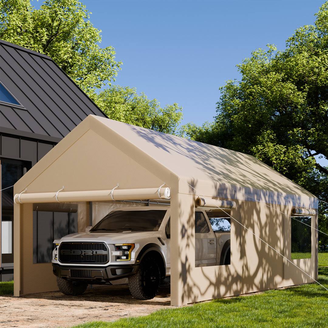 ef4ce3a12a99346b069c4451b8b1dd9e89f13e3796d5dd5c7ea0ff9f776e7a3c.jpg Walsunny Carport 12x18.5 ft Heavy Duty Car Canopy with Roll-Up Windows Portable Garage with Removable Sidewalls & Doors(10�G20 ft/Khaki) - Image 1