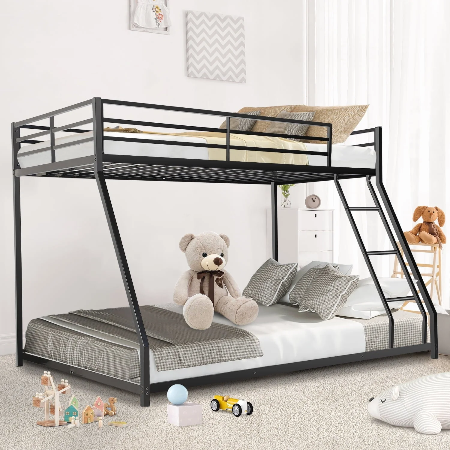 ef4e1bdd8714d4587c0a52b74f4b04a6b5f1b9394e3f3aeccd2257df0c7c6e97.webp Twin Over Full Bunk Bed, Metal Bunk Bed Frame, Noise Free Floor Bunk Beds with Guardrails & Ladder for Kids Teens Adults, No Box Spring Needed, Black - Image 1