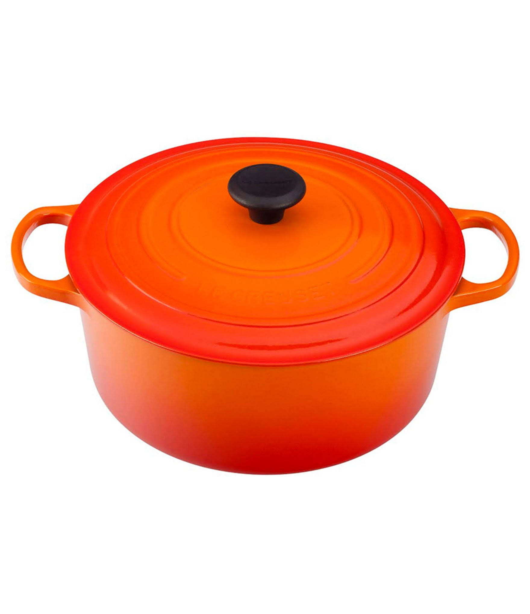 ef76530cef9d85e1539bfaec04d3731835fcd7702a1d2a11a4f88f4680415a3f.jpg Le Creuset Round Cast Iron Dutch Oven, Flame, 7.25 qt - Image 1