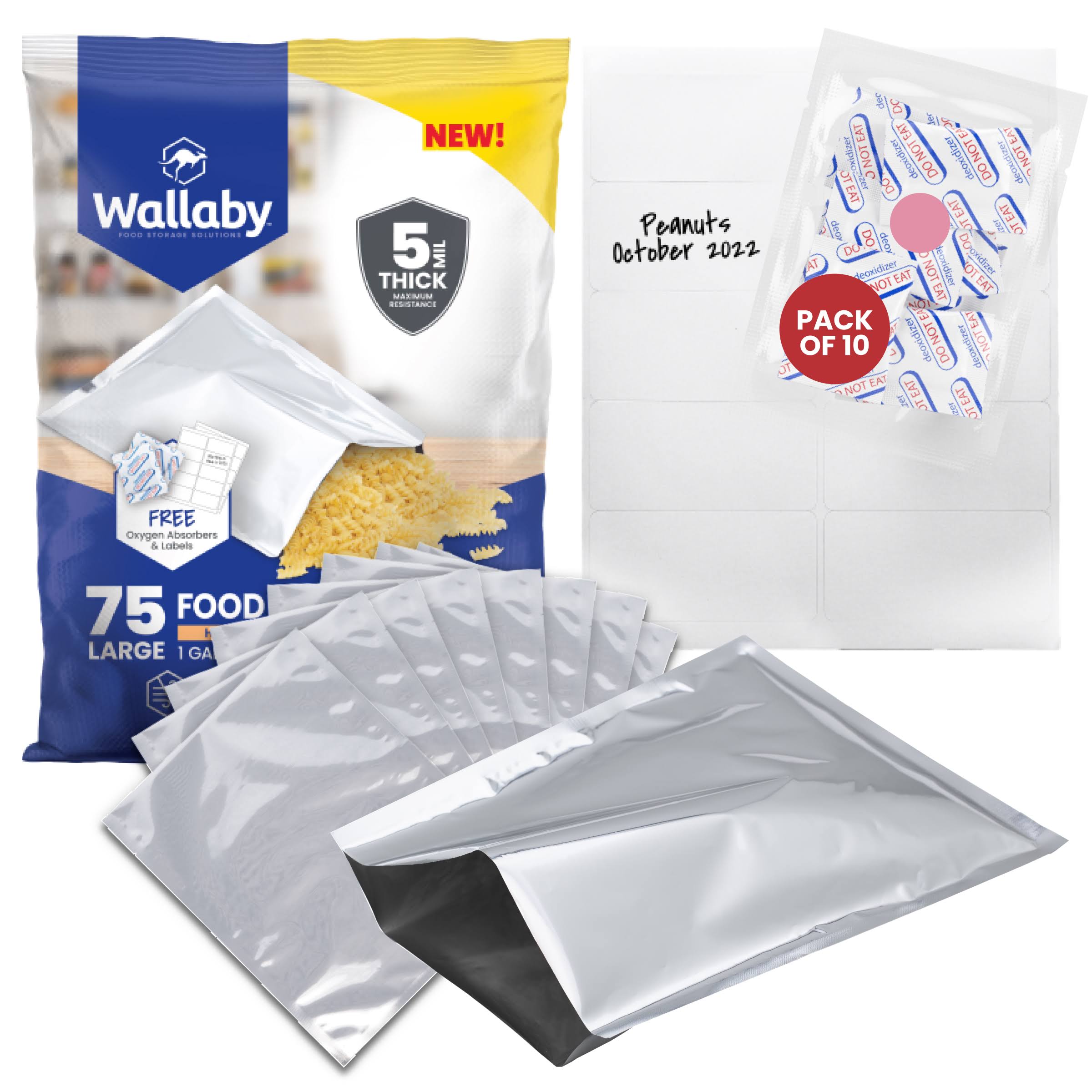 75 Wallaby Mylar Bags Bundle 1 Gallon (5 mil, 10in x 14in) with 80 400cc Oxygen Absorbers - Silver, Size: 75 Pack