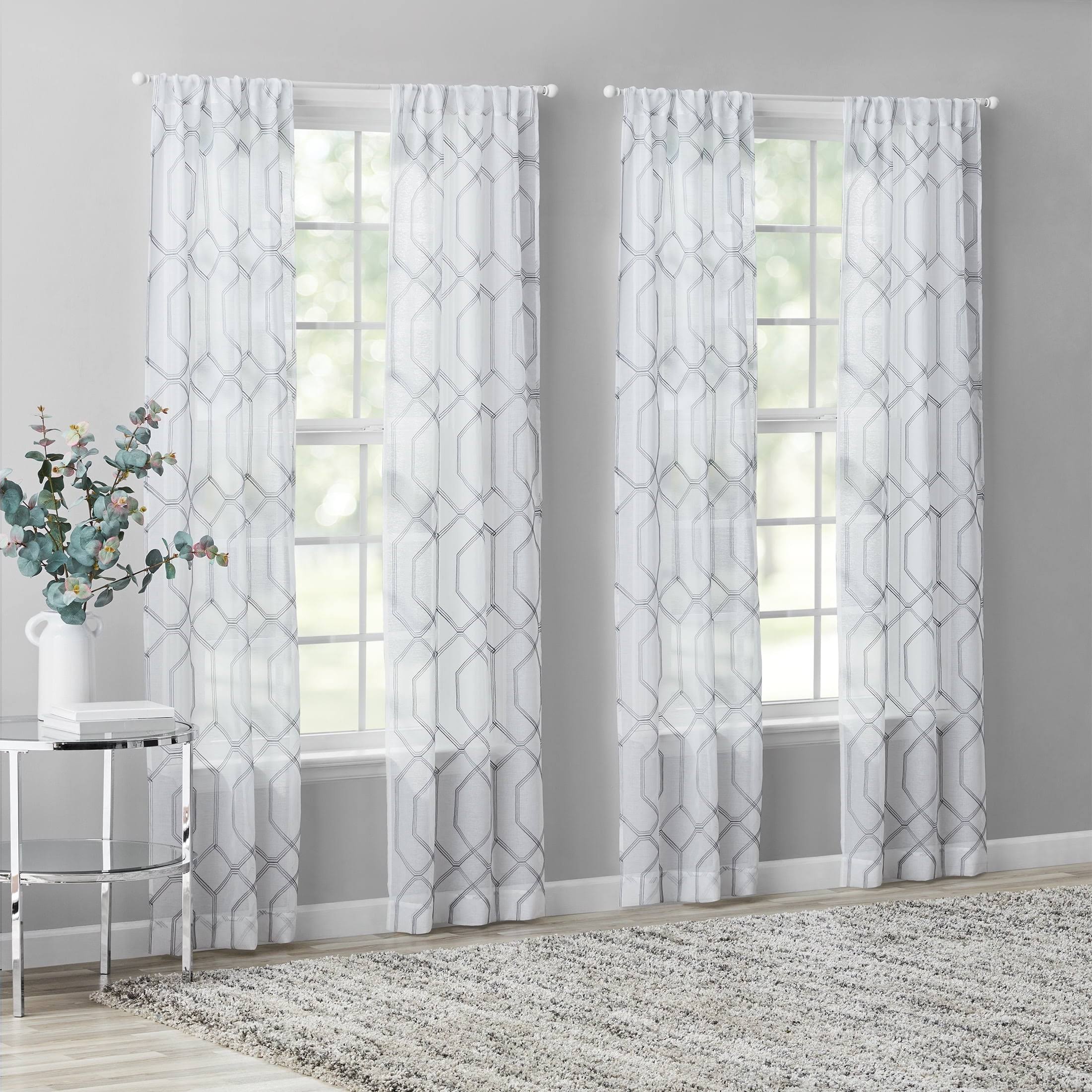 efbacb424f807b593397f949758fabc6ee8fa8b7edcccf6ec9bee0c827e2bf48.jpg Mainstays Modern Gray Geometric Rod Pocket Sheer Curtain Set, 28 inch x 84 inch (4 Panels) - Image 1