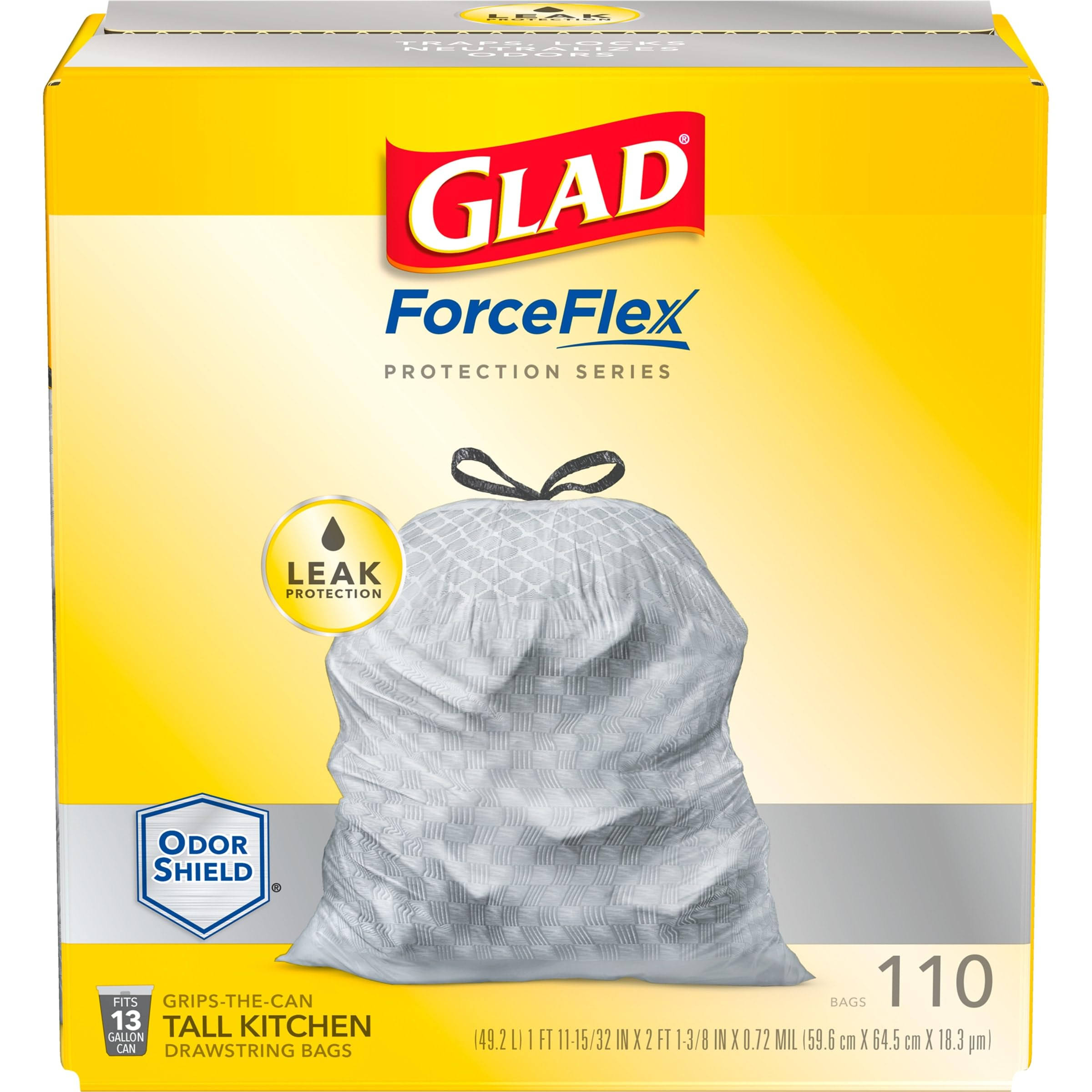 f08b27361fdf10952e42516405f3b3053c522b14cc4ae9c20067af37eb898e0e.jpg Glad ForceFlex Protection Series Tall Kitchen Drawstring Trash Bags, 13 gal, 110 ct, Pack May Vary - Image 1