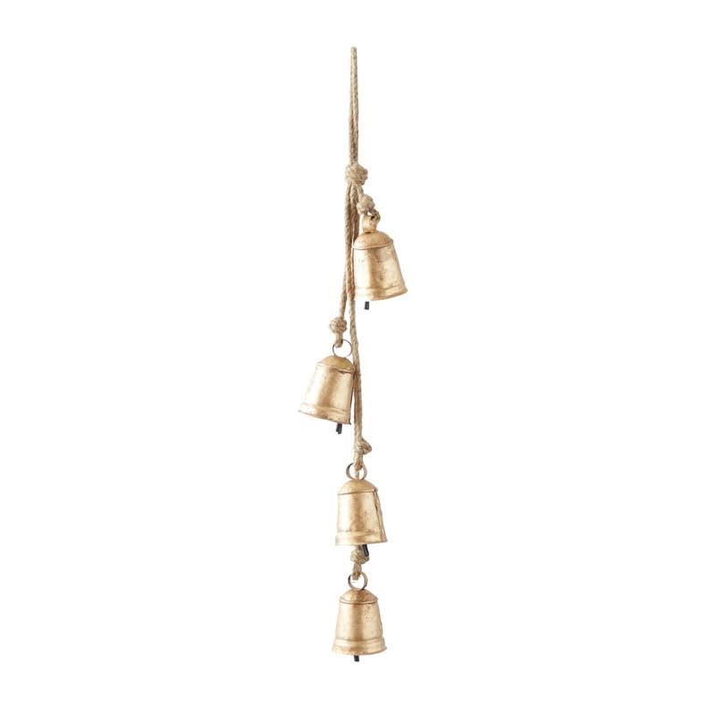 f125e2ce27e054b690190cdf1a6f3d3f37608a0ac635427df35076bca83a56b9.jpg Deco 79 Metal Tibetan Inspired Decorative Cow Bell with Jute Hanging Rope, 4" x 3" x 29", Gold - Image 1