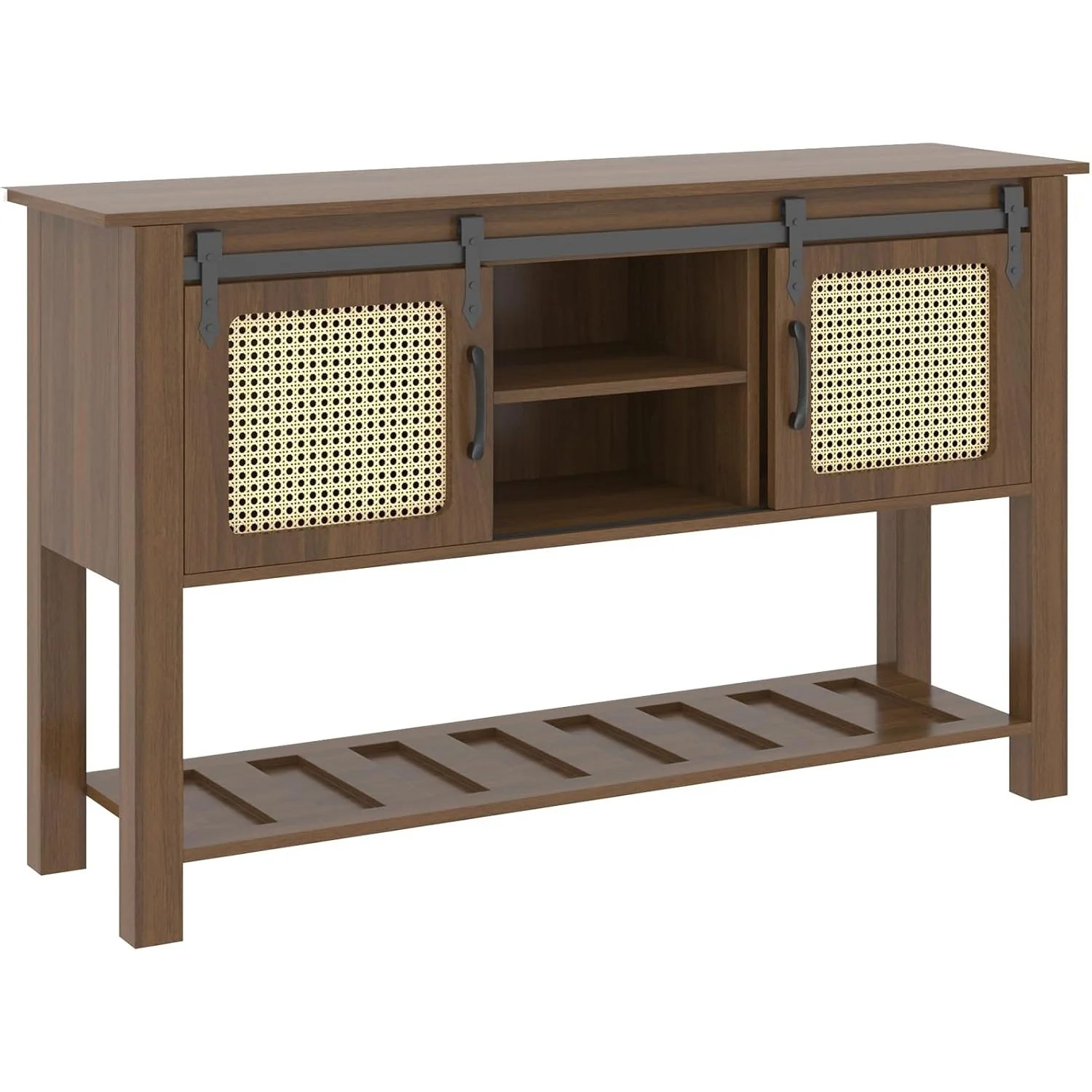 f142456f1c2d7a4487072ce9f352f7ad15b01c82be0683d4b8472177cd3cc84f.webp AECOJOY Buffet Cabinet, Coffee Bar Storage Cabinet, 46'' Coffee Bar Table with Rattan Sliding Barn Door, Adjustable Shelves and Bottom Open Shelf - Image 1