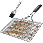 penobon Fish Grilling Basket, Folding Portable Stainless Steel BBQ Grill Basket for Fish Vegetables Shrimp with Removable Handle, Come with Basting