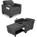 DURASPACE 3 in 1 Convertible Sleeper Chair Bed with Usb Port, Linen Pull Out Chair Indoor, Dark Gray