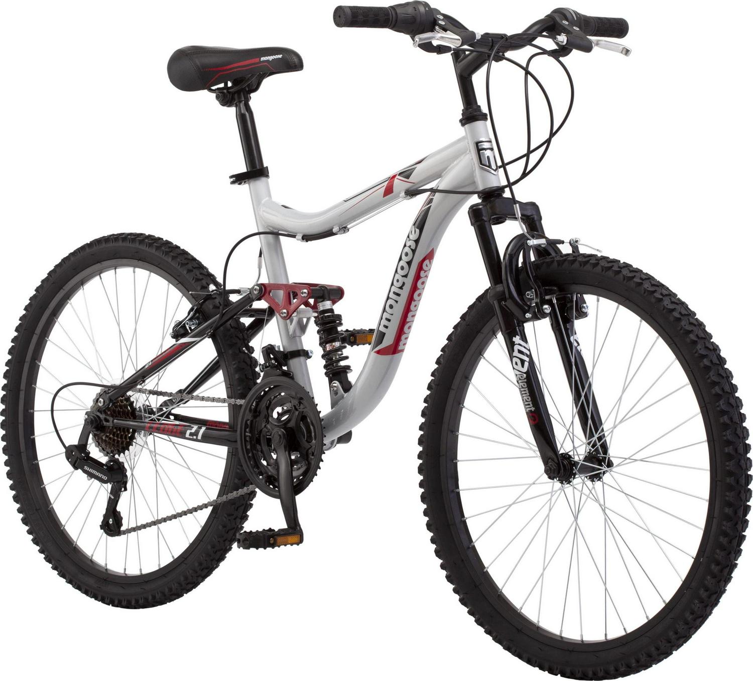 f1561da292534fff5da7020f8898cd5d5683ff417703f8c60e935d3593cc4f4b.jpg Mongoose Ledge 2.1 Mountain Bike. 24 - Inch Wheels. 21 Speeds. Boys Frame. Silver/Red - Image 1