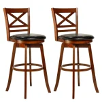 Set of 2 Swivel Bar Stools, 30.5" Bar Height Chairs with High Back & Faux Leather Upholstered Seat, Rubber Wood Barstools for Kitchen Island, 2