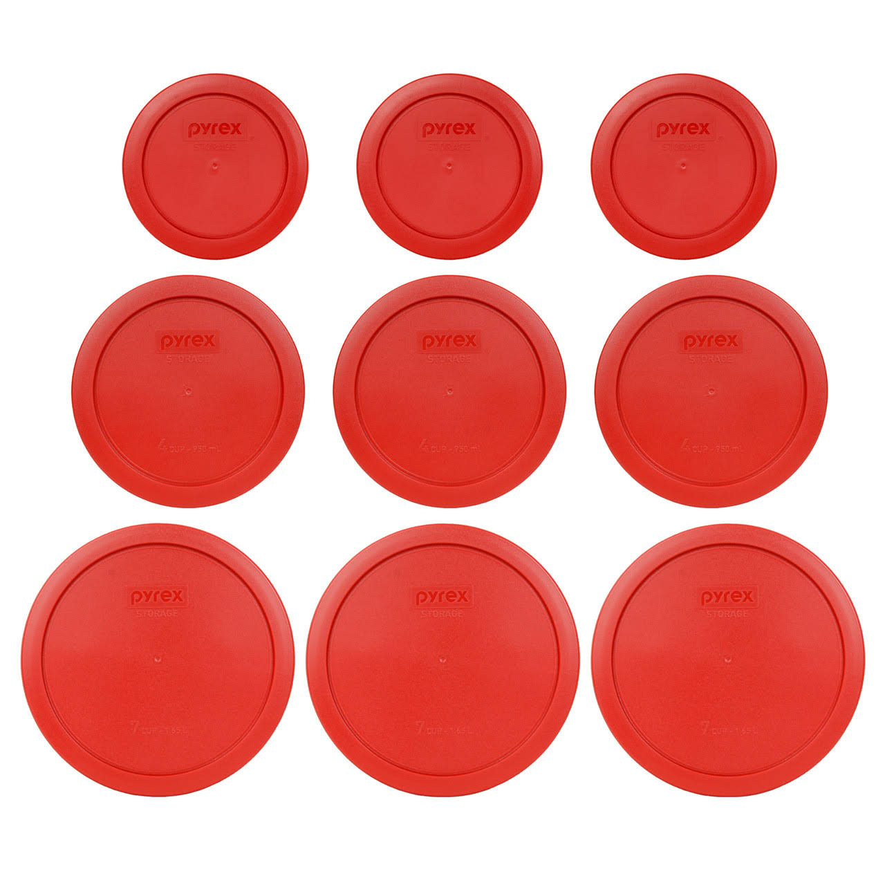 f1a206183f994d15b8a6beea7fd761fbd87bdd6bd0348e267fd59c3e1aa976ab.jpg Pyrex (3) 7200-PC, (3) 7201-PC, & (3) 7402-PC Poppy Red Food Storage Replacement Lids - Image 1